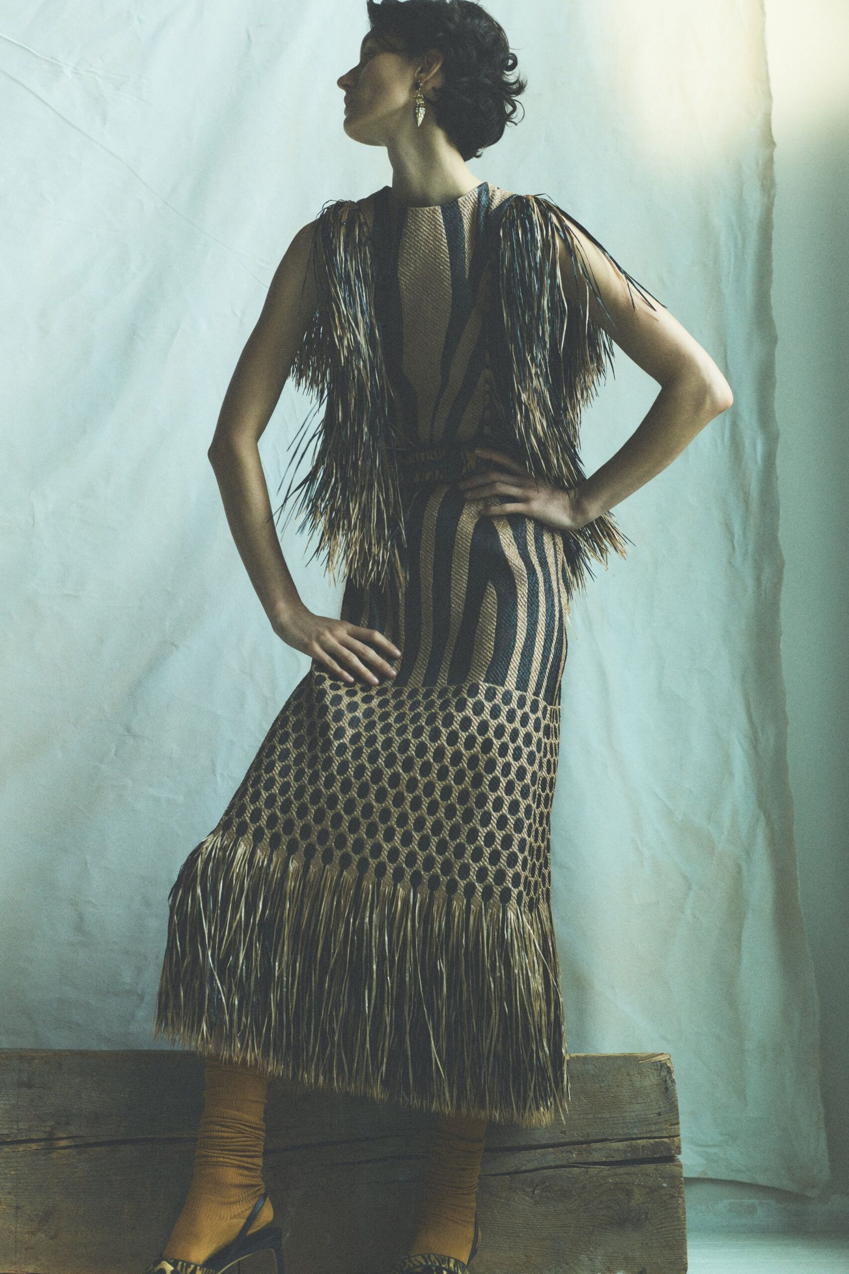 gold sleeveless fitted fringed printed midi dress