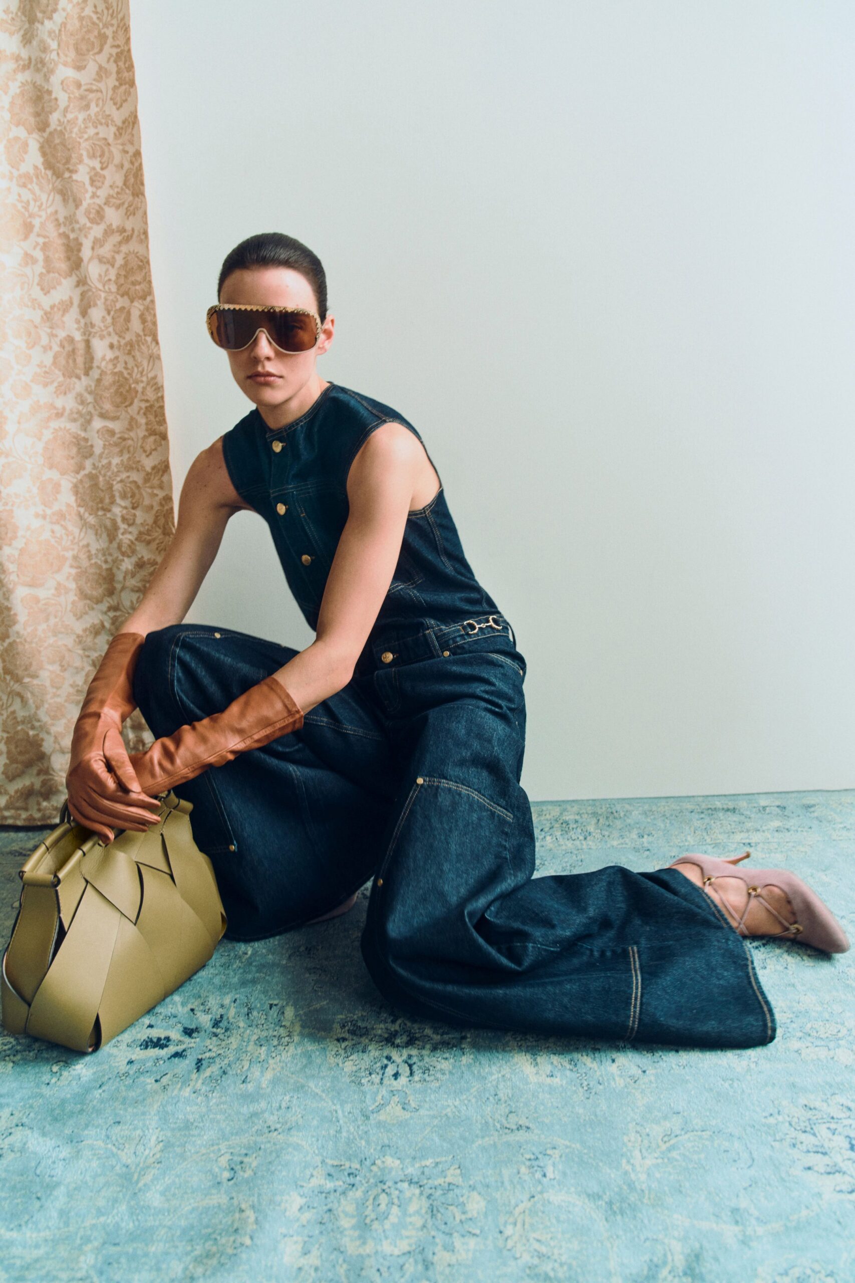 blue denim sleeveless collared fitted buttoned wide-leg jumpsuit