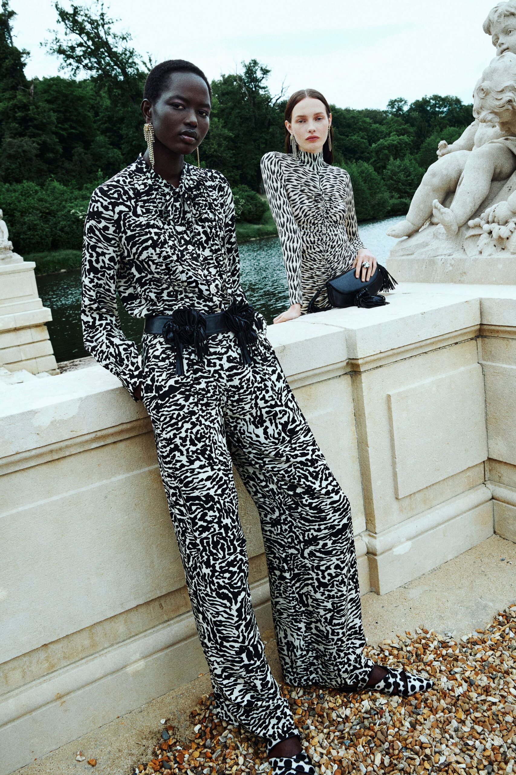 black and white printed shirt and pants