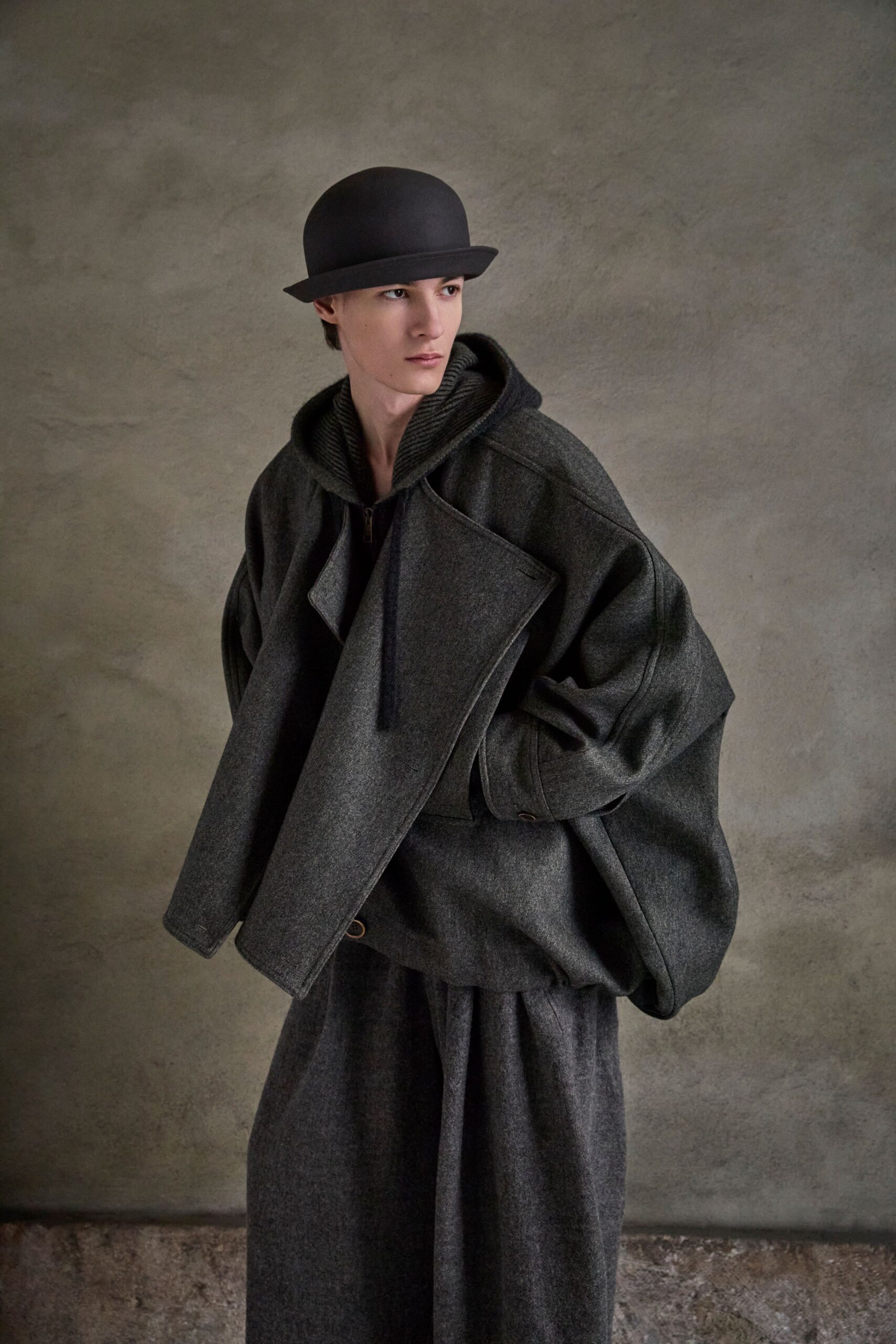 gray wool long-sleeve hooded oversized draped coat