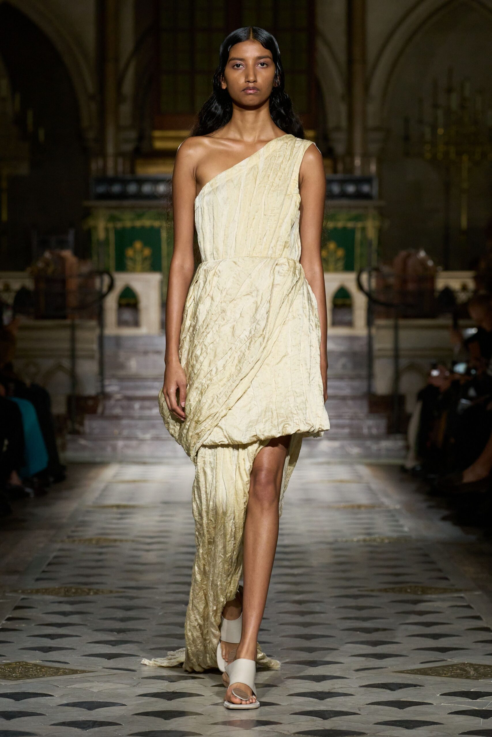 yellow silk sleeveless asymmetric fitted draped flowing gown
