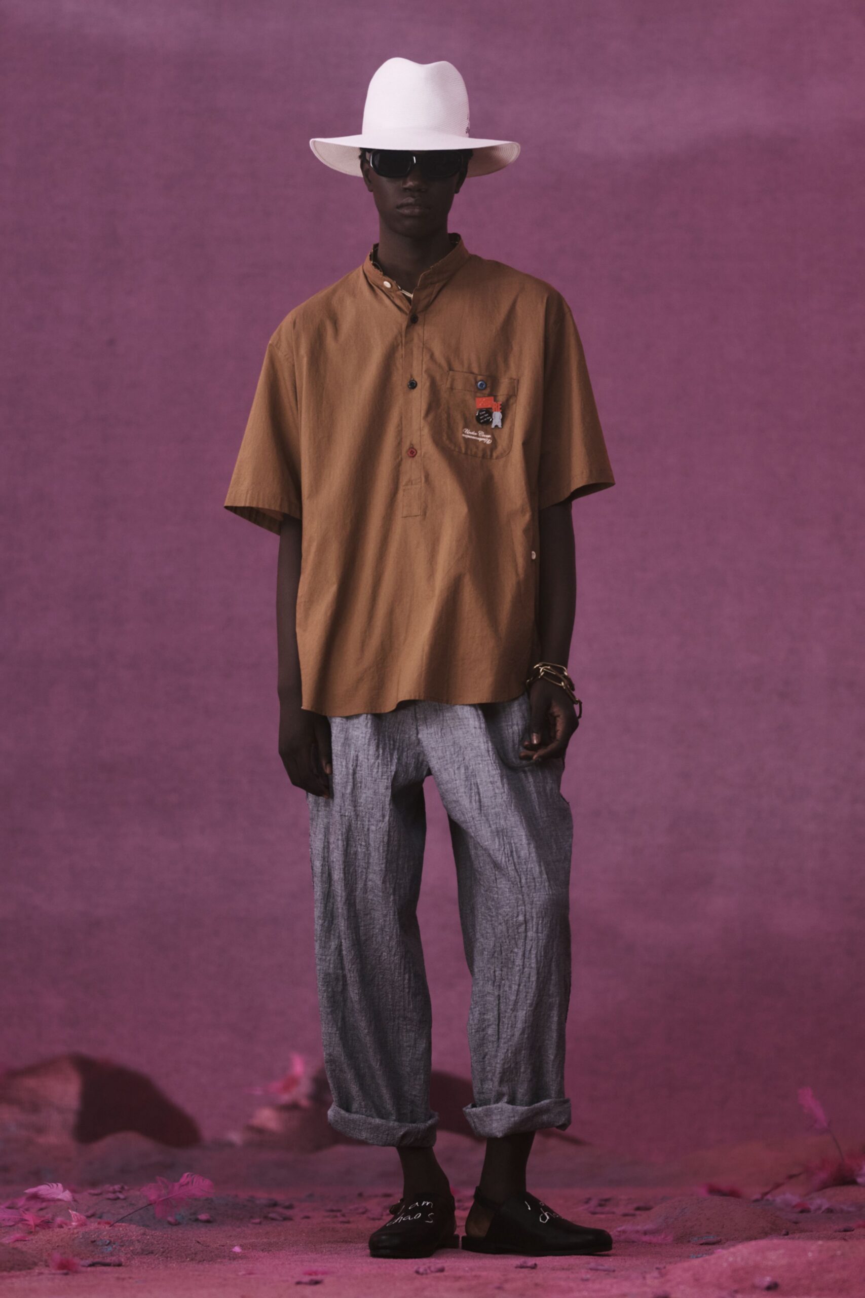 brown cotton short-sleeve collared relaxed embroidered shirt