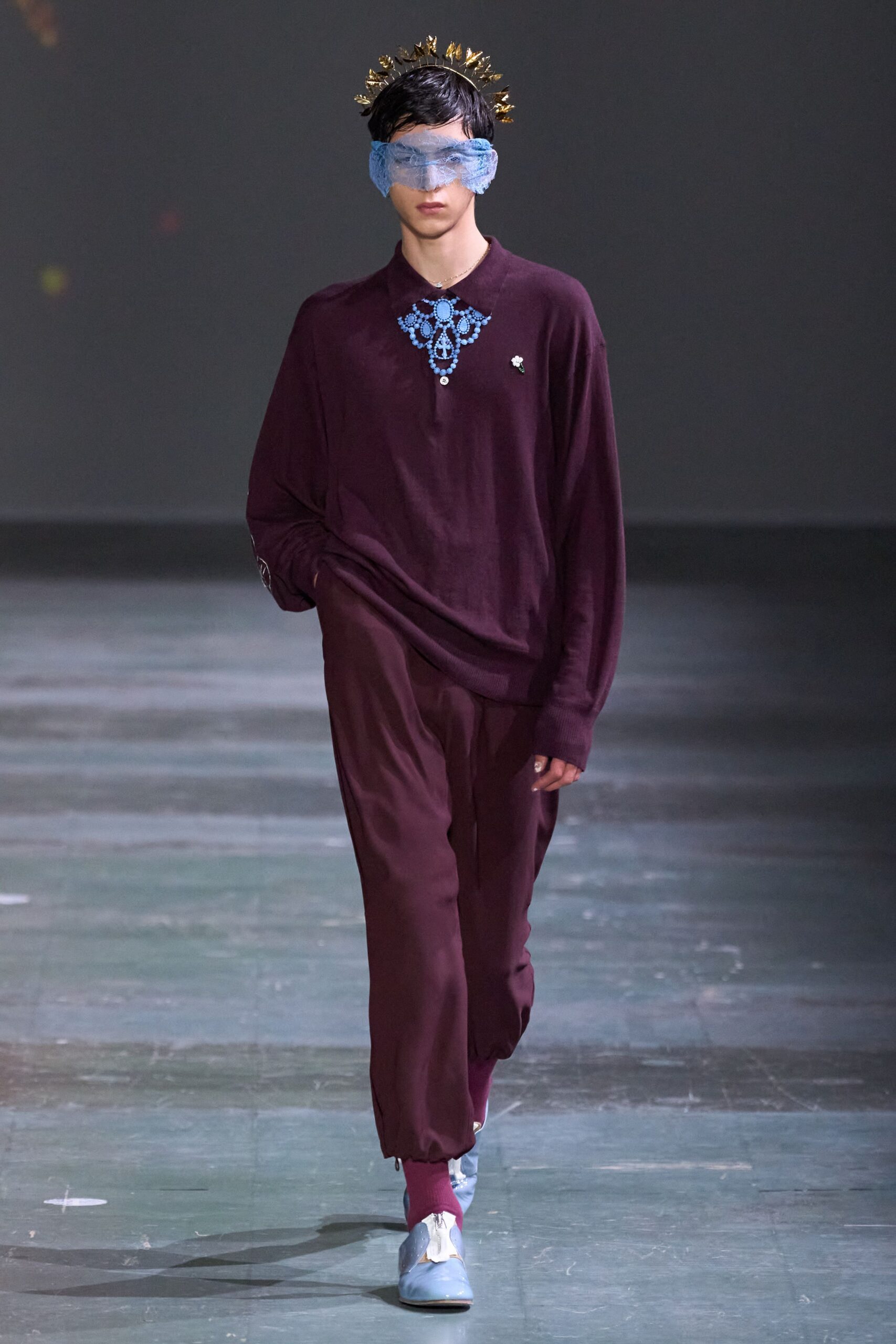 maroon cotton long-sleeve collared relaxed embroidered top