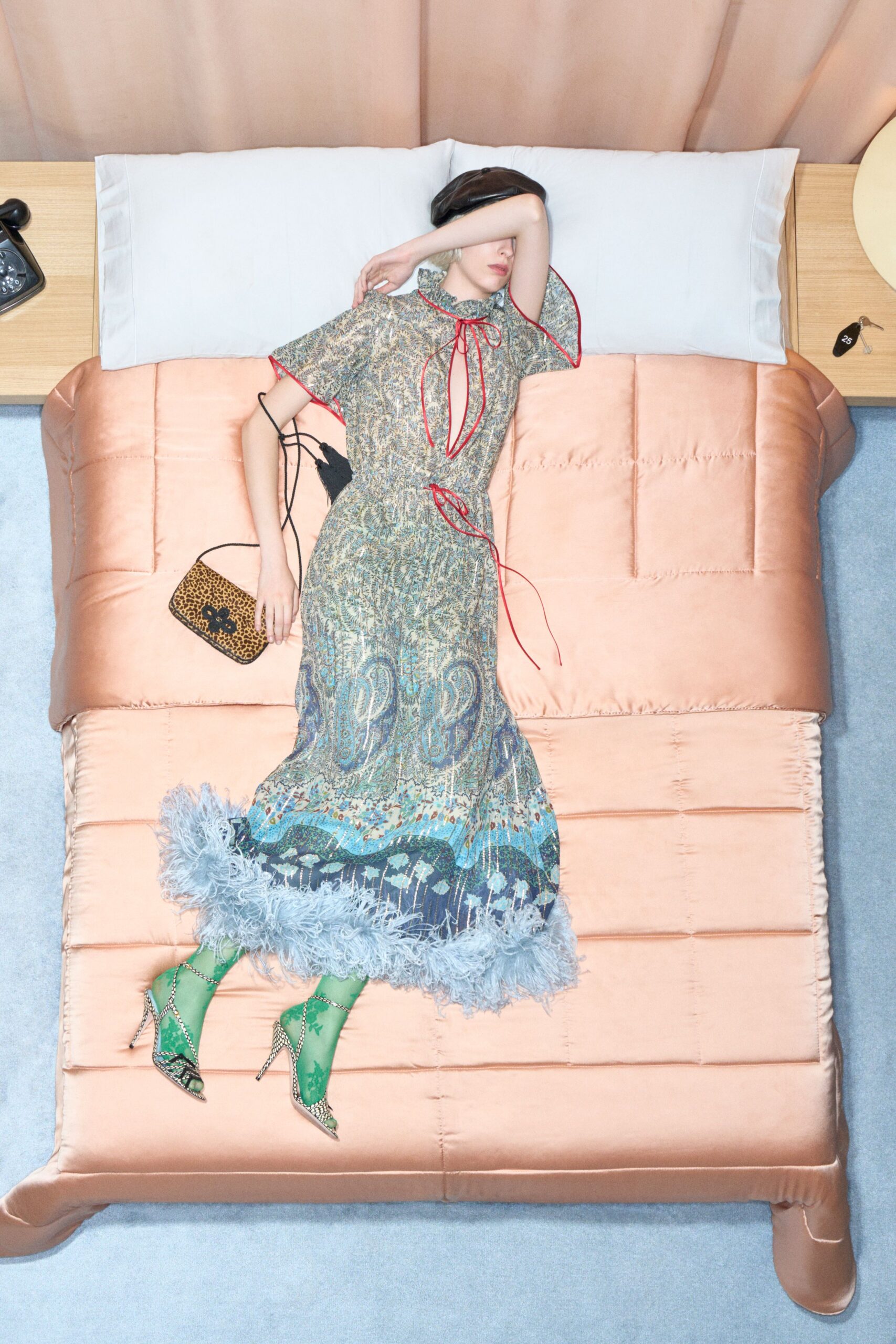 blue silk short-sleeve v-neck fitted flared embroidered dress