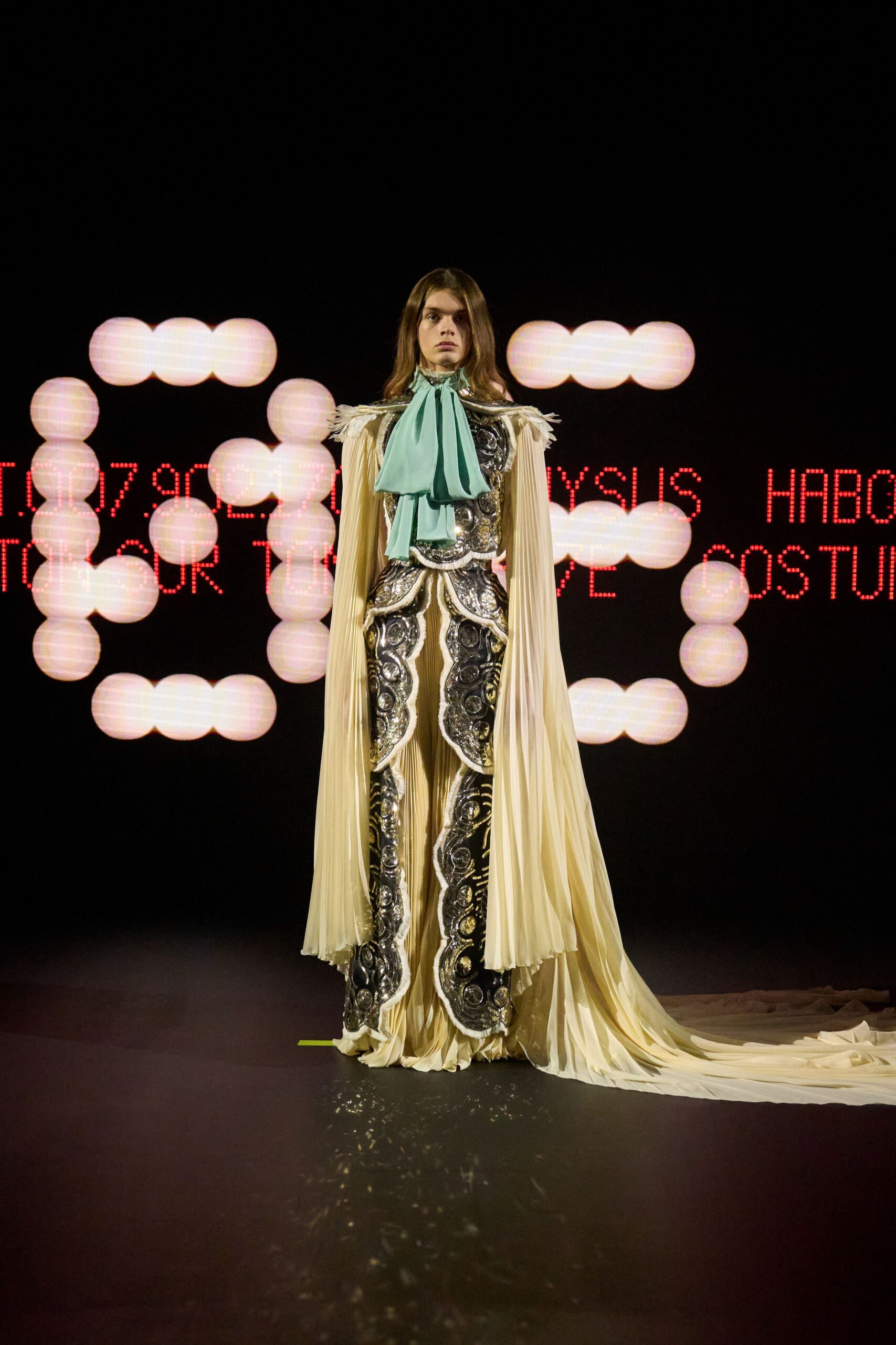 beige silk long-sleeve high-neck fitted pleated embroidered gown