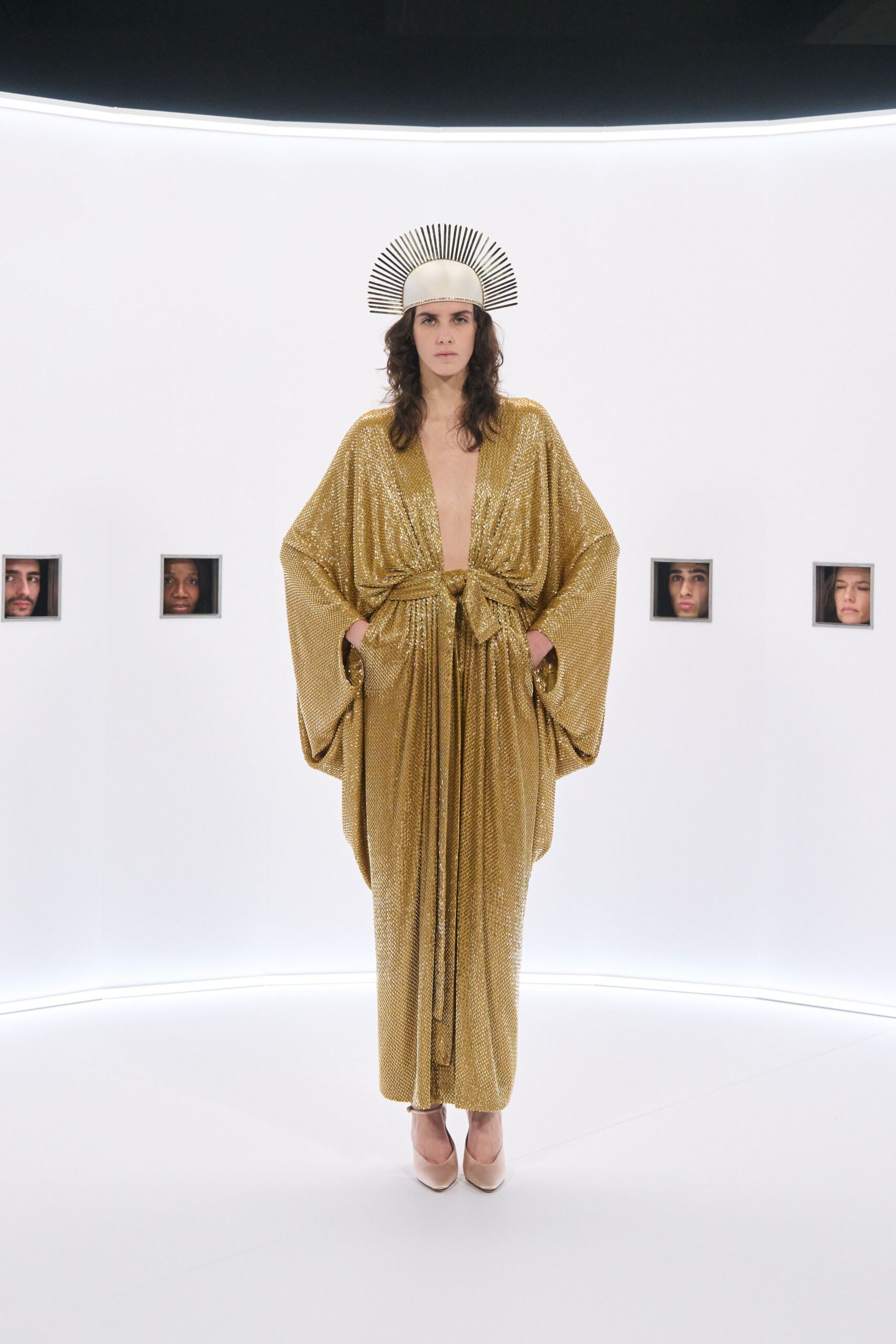 gold silk long-sleeve v-neck relaxed pleated embellished gown