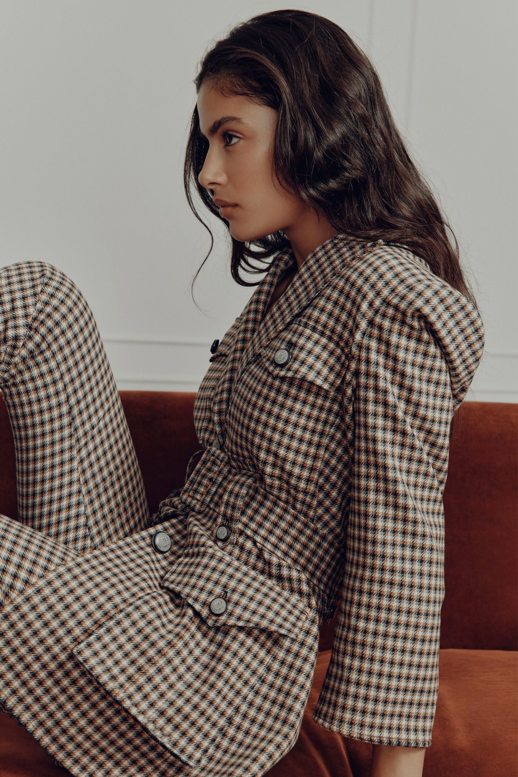 brown checked blazer and pants