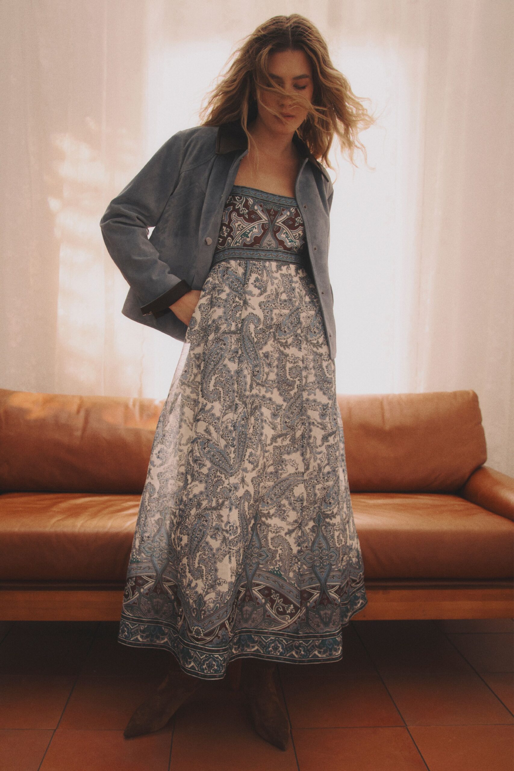 gray suede long-sleeve collared relaxed jacket