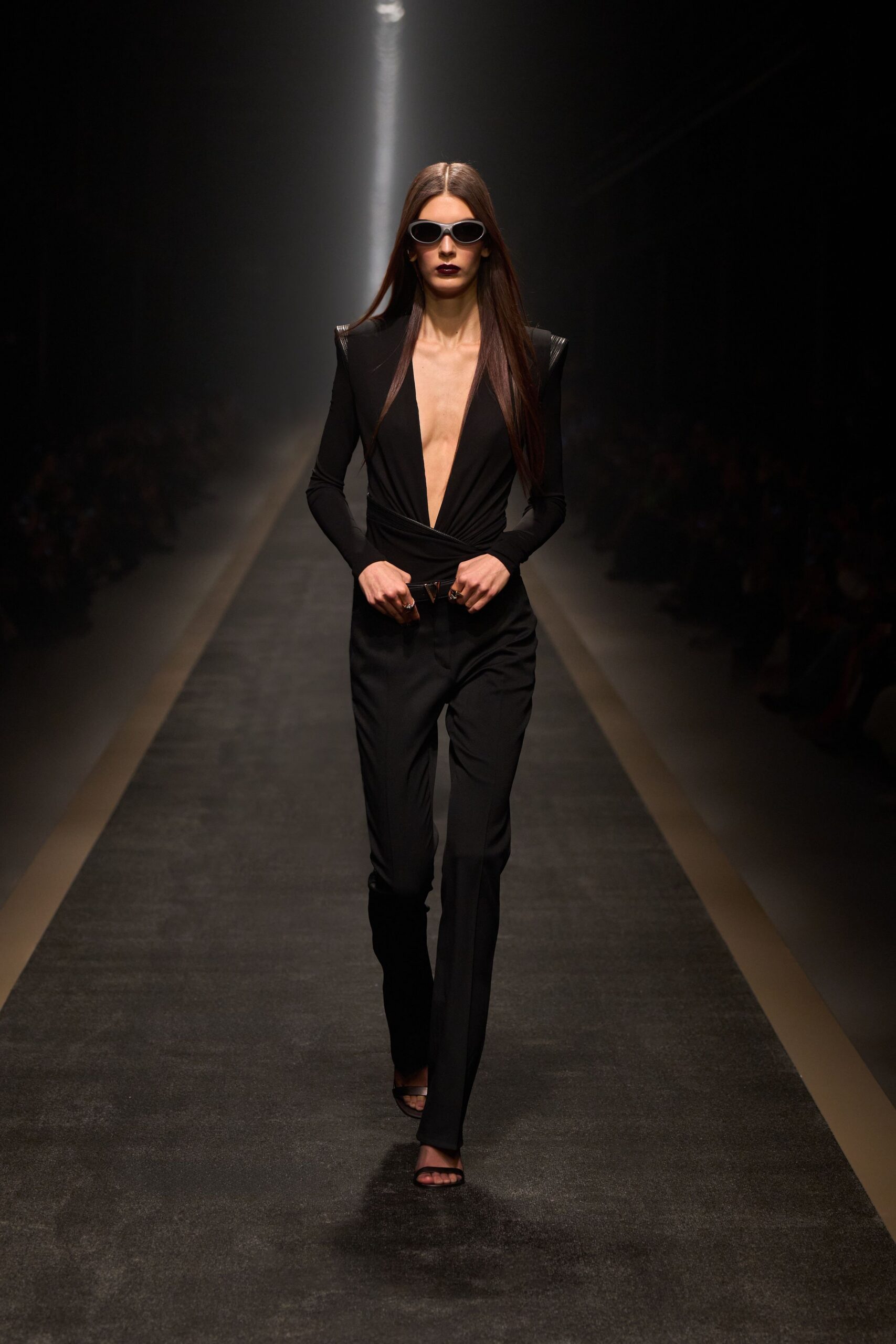 black cotton long-sleeve v-neck fitted structured zippered jumpsuit