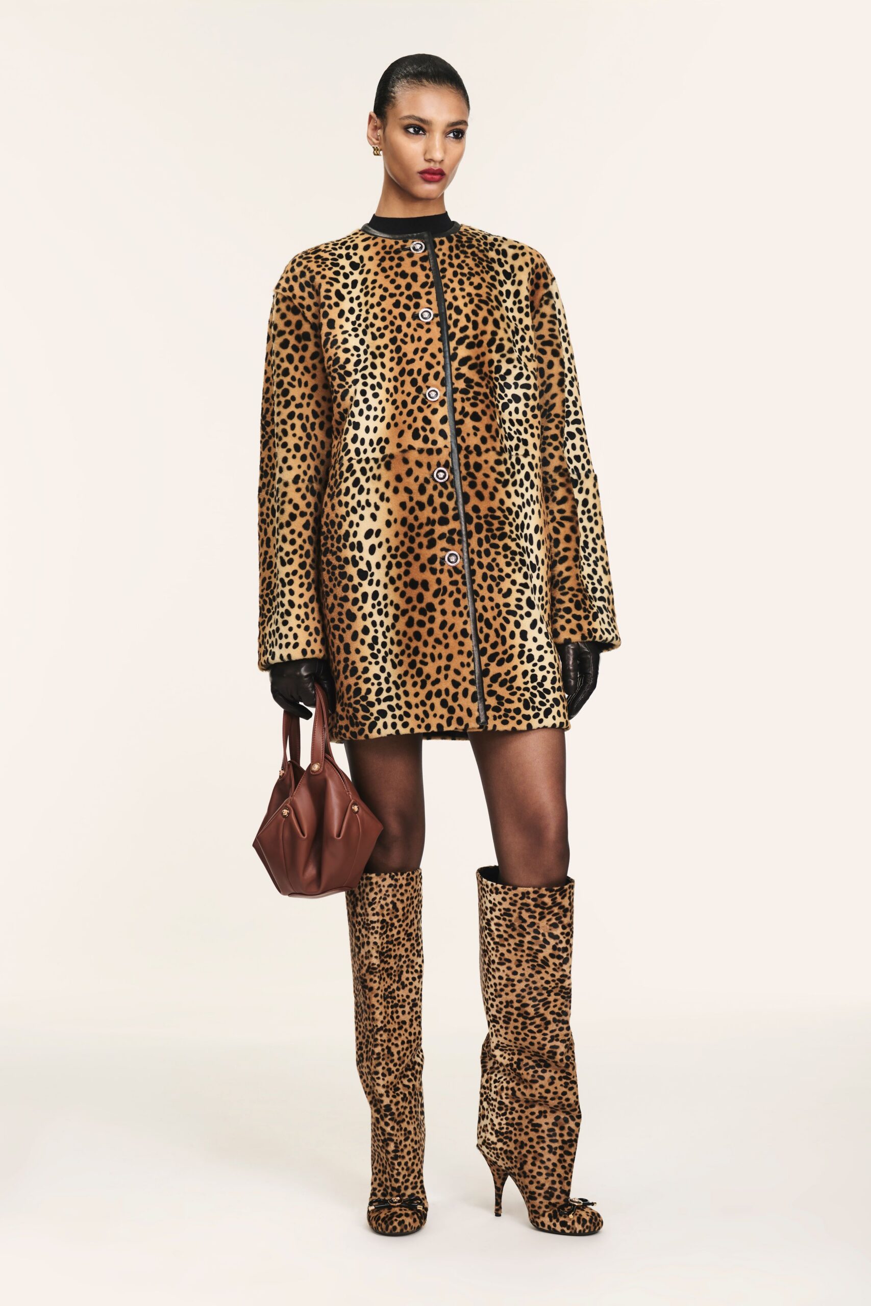 brown fur long-sleeve collared relaxed animal-print mini coat