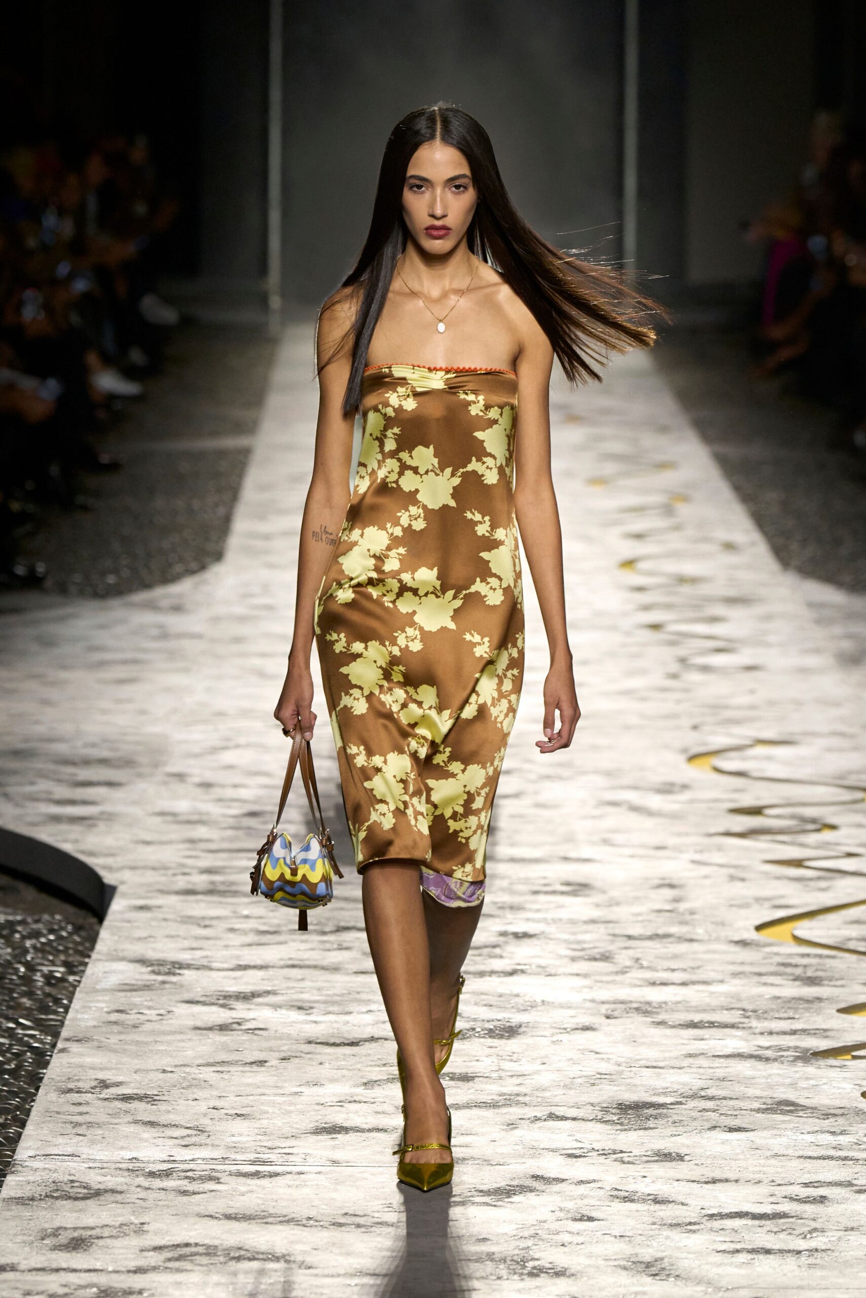brown silk strapless fitted floral midi dress