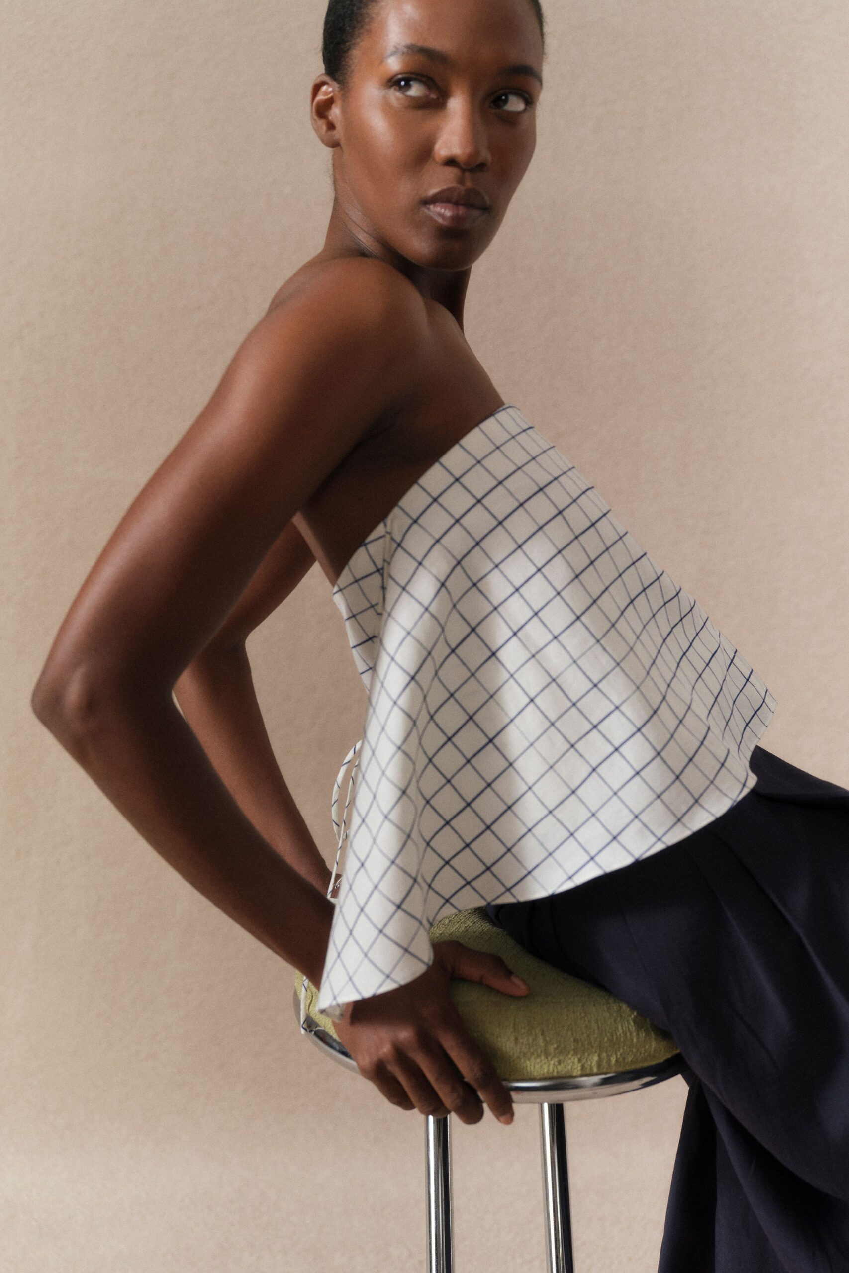 white cotton sleeveless off-shoulder relaxed checked top