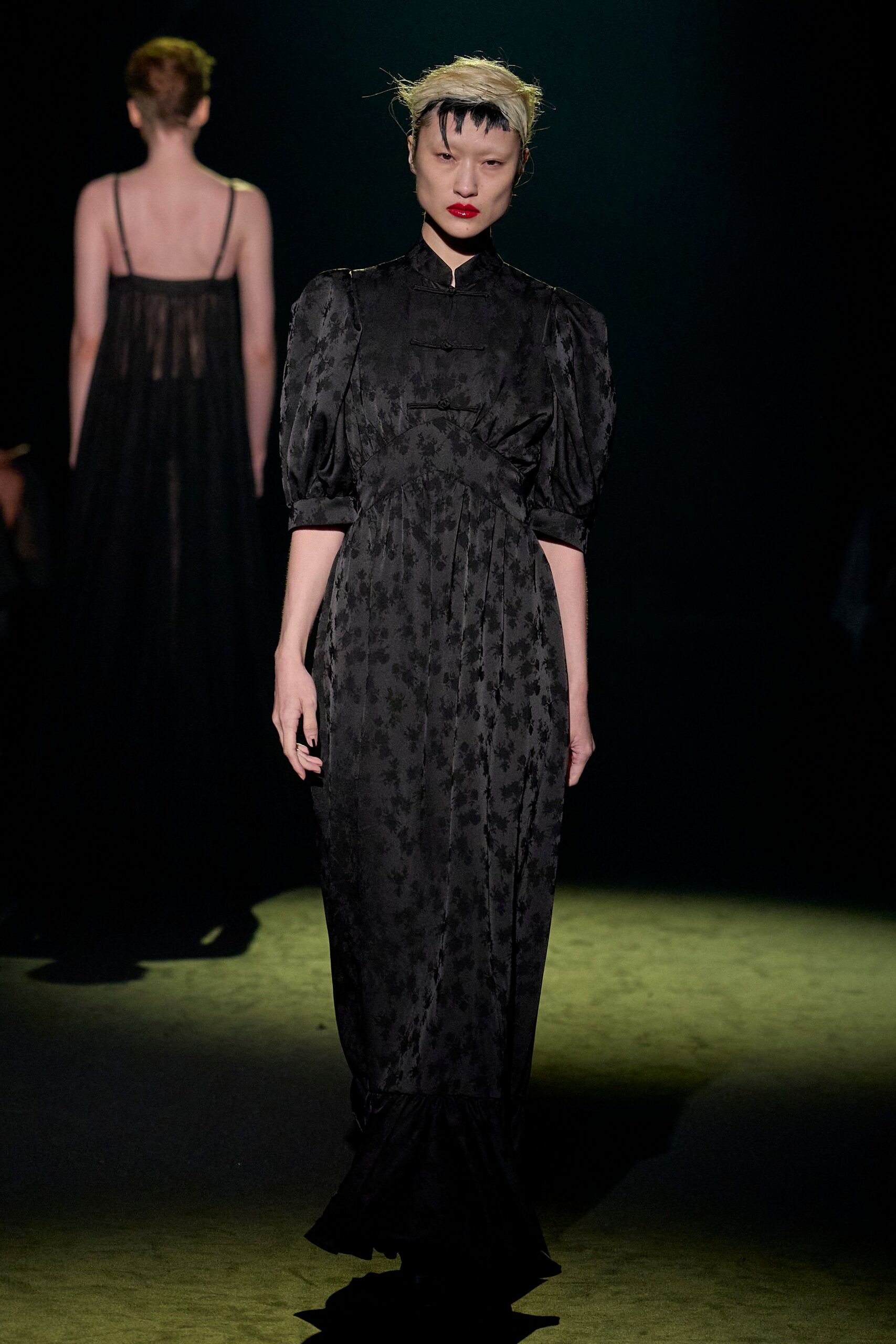 black silk embroidered gown