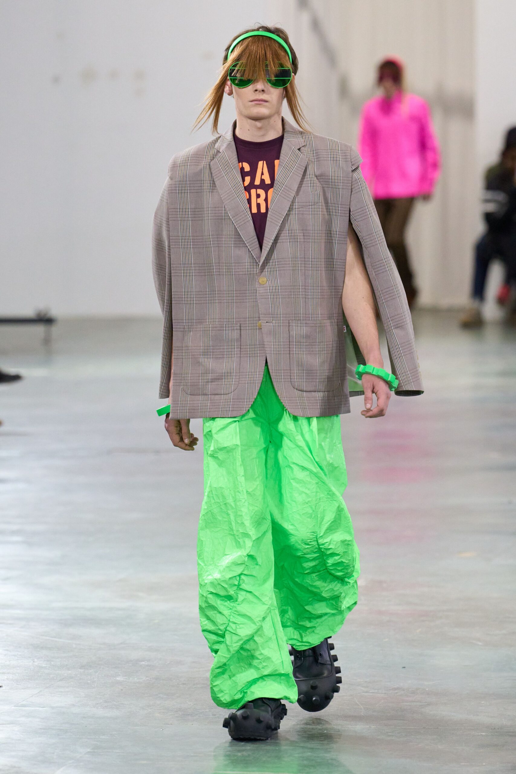 gray checked blazer with green pants
