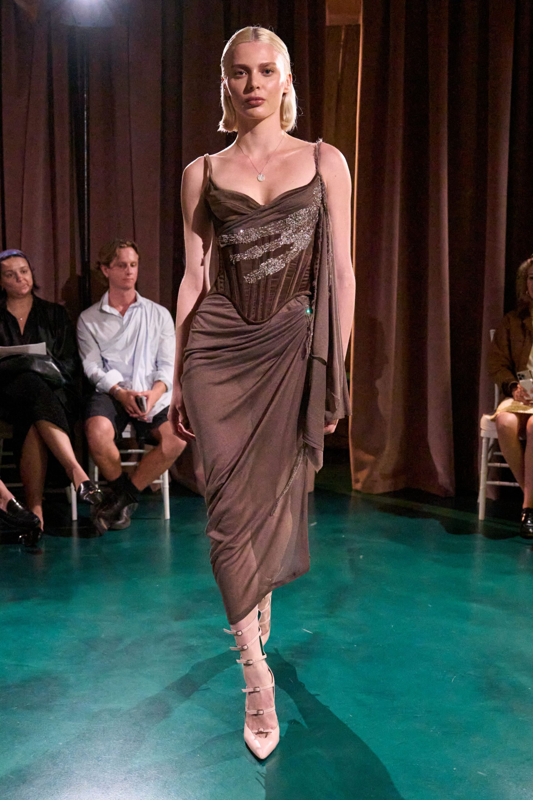 brown silk sleeveless v-neck fitted draped sheer dress
