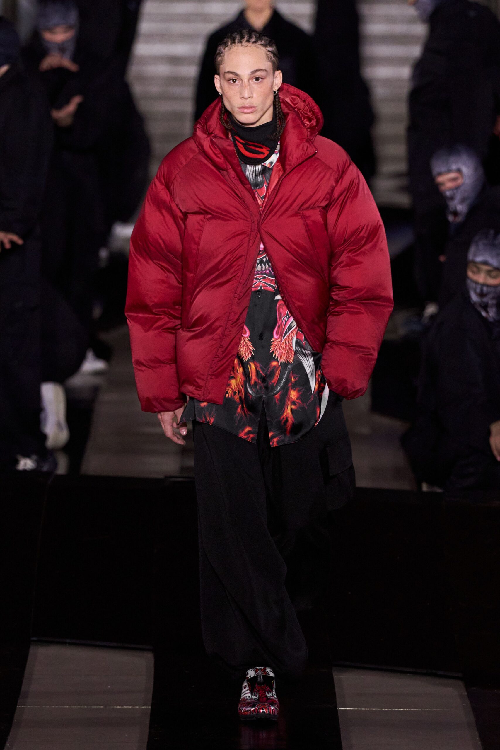 red jersey long-sleeve hooded oversized padded jacket
