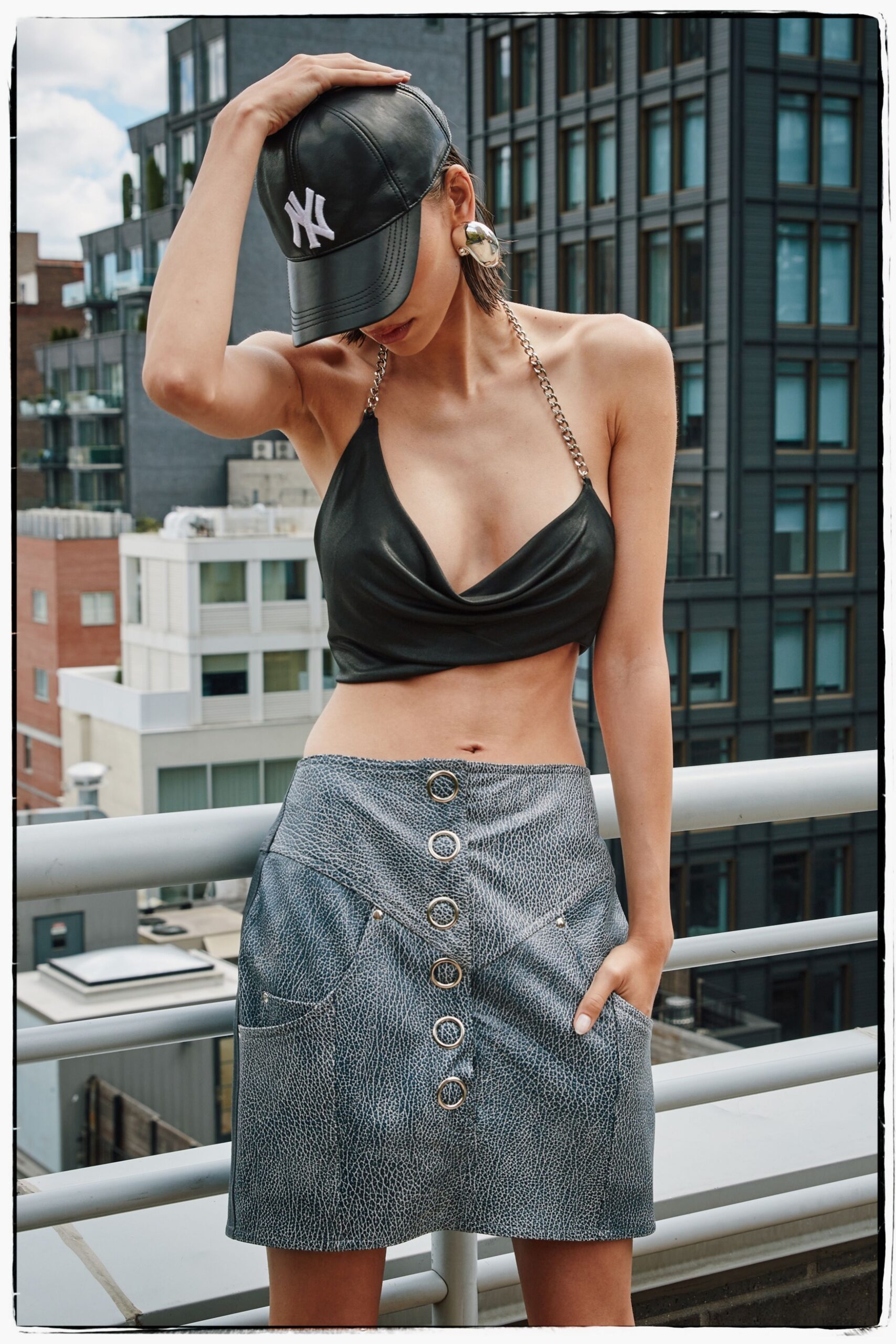 black leather sleeveless halter fitted draped top