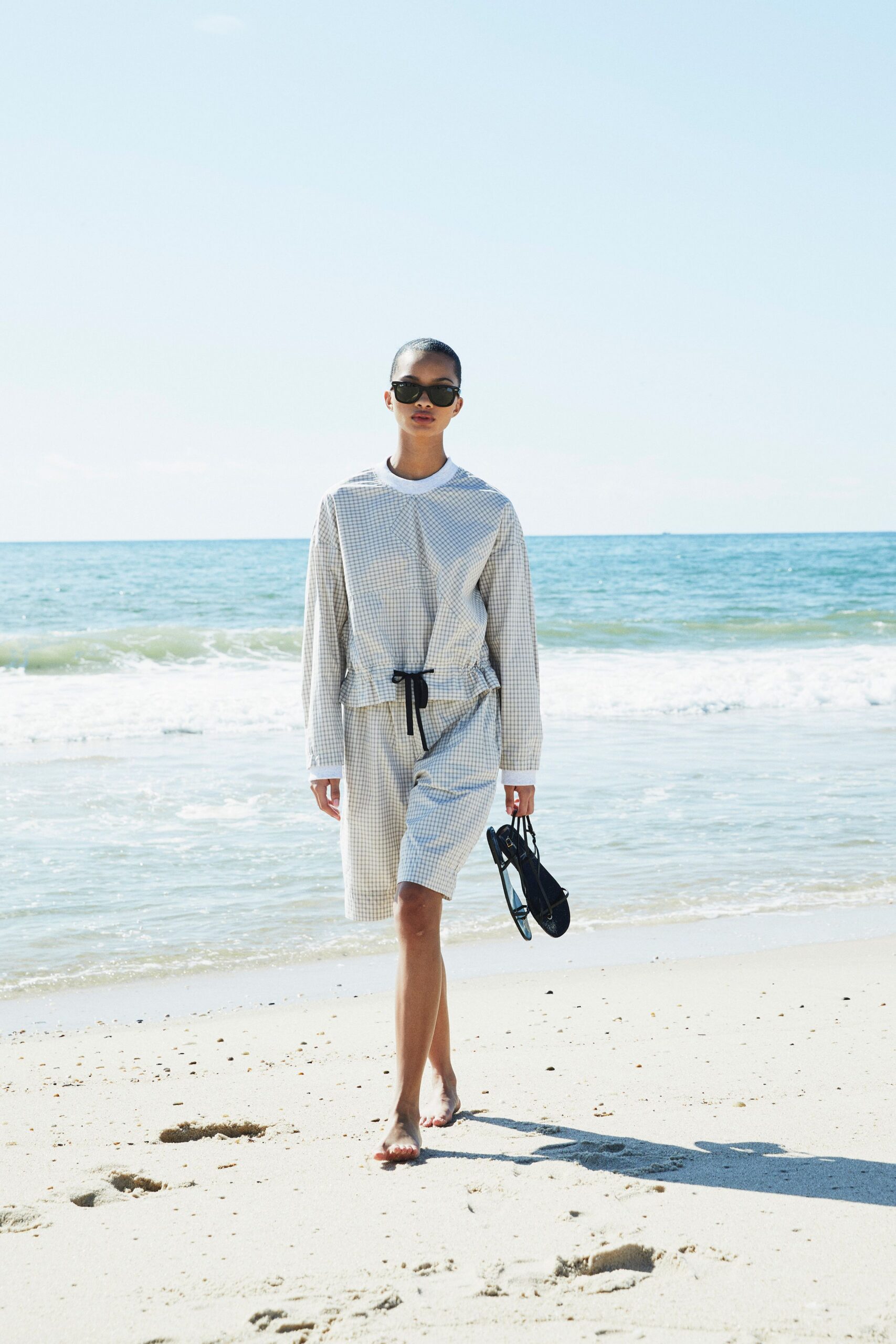 white cotton long-sleeve collared relaxed striped belted dress