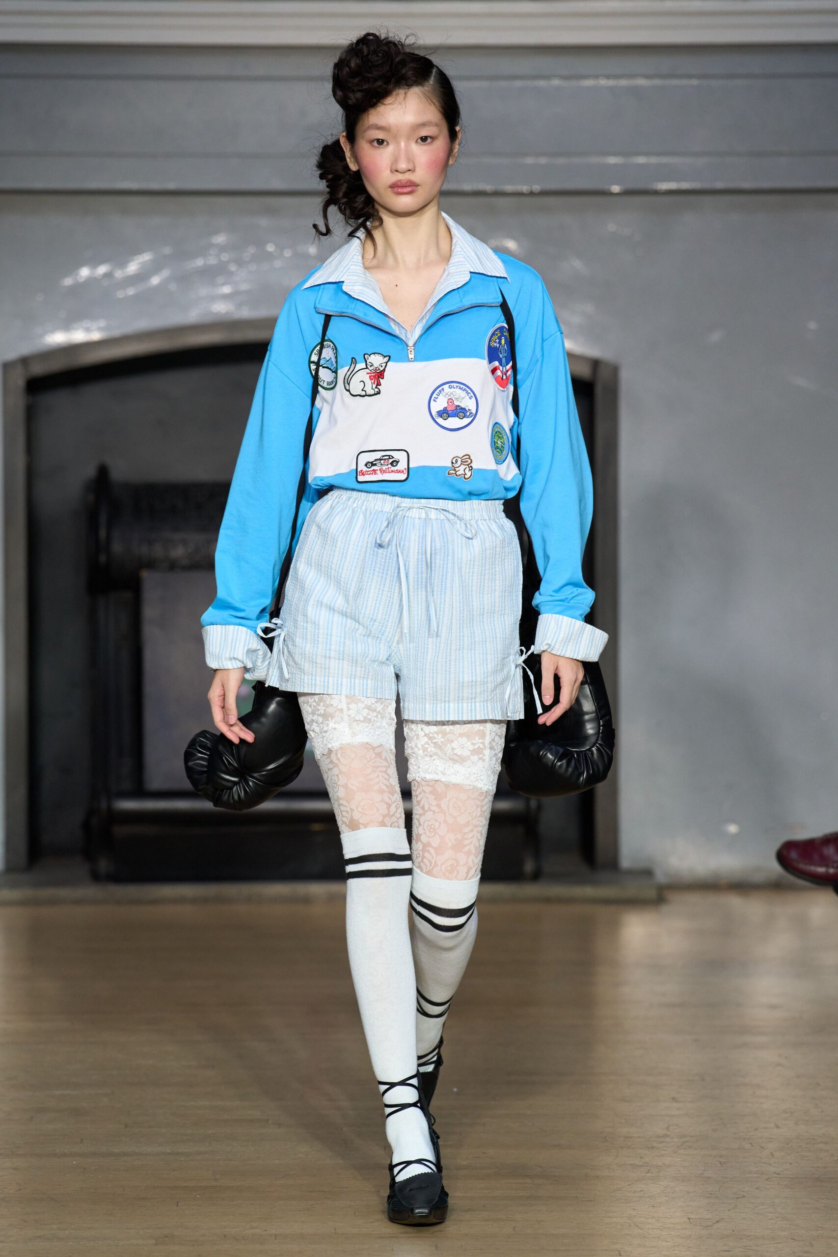blue and white relaxed shirt with striped shorts