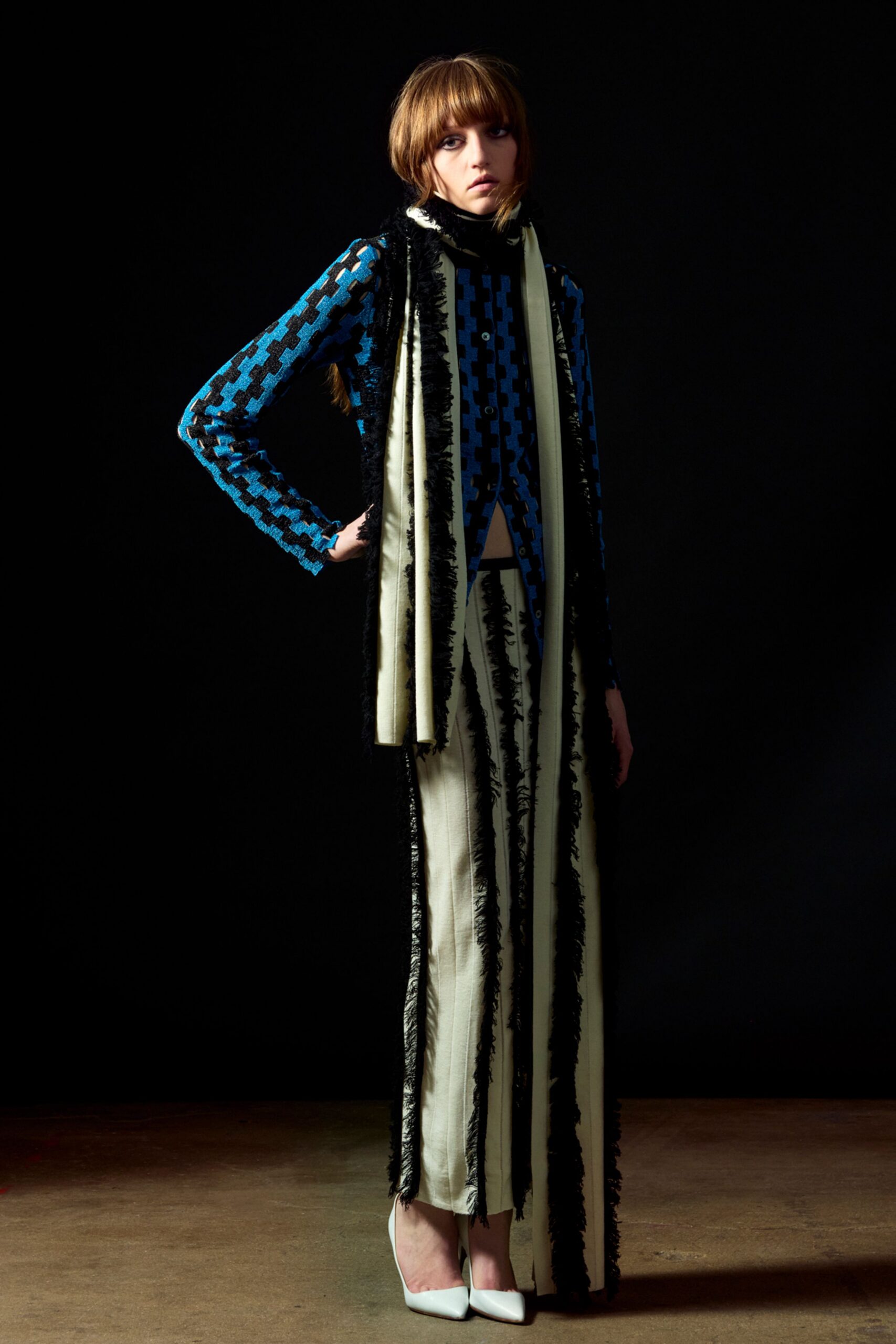 ivory silk fitted high-waisted striped fringed maxi skirt