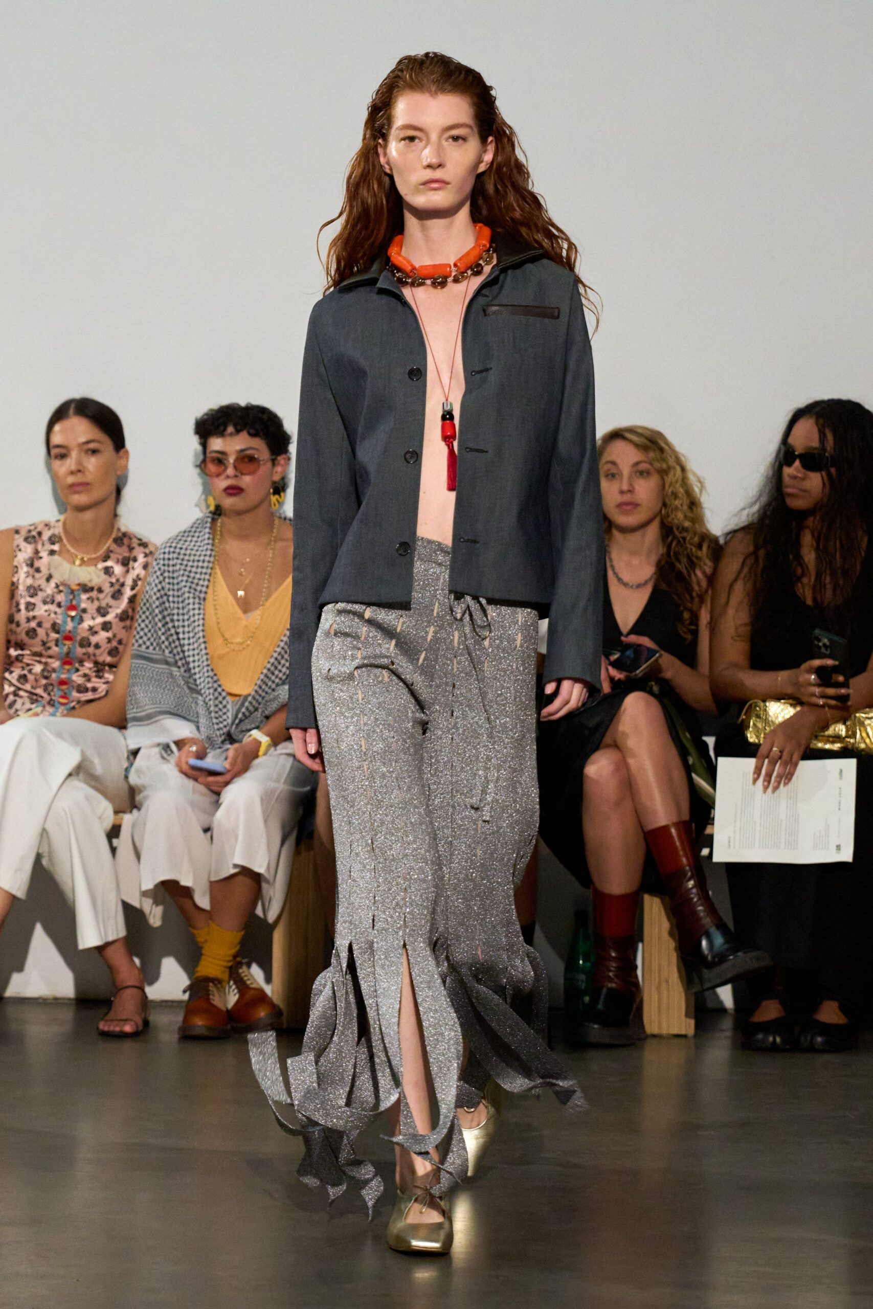 gray metallic fitted fringed skirt