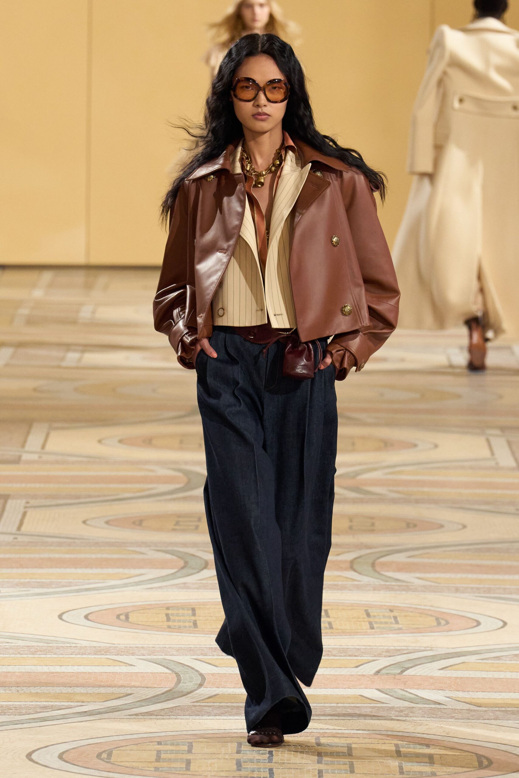 brown leather long-sleeve collared structured buttoned jacket