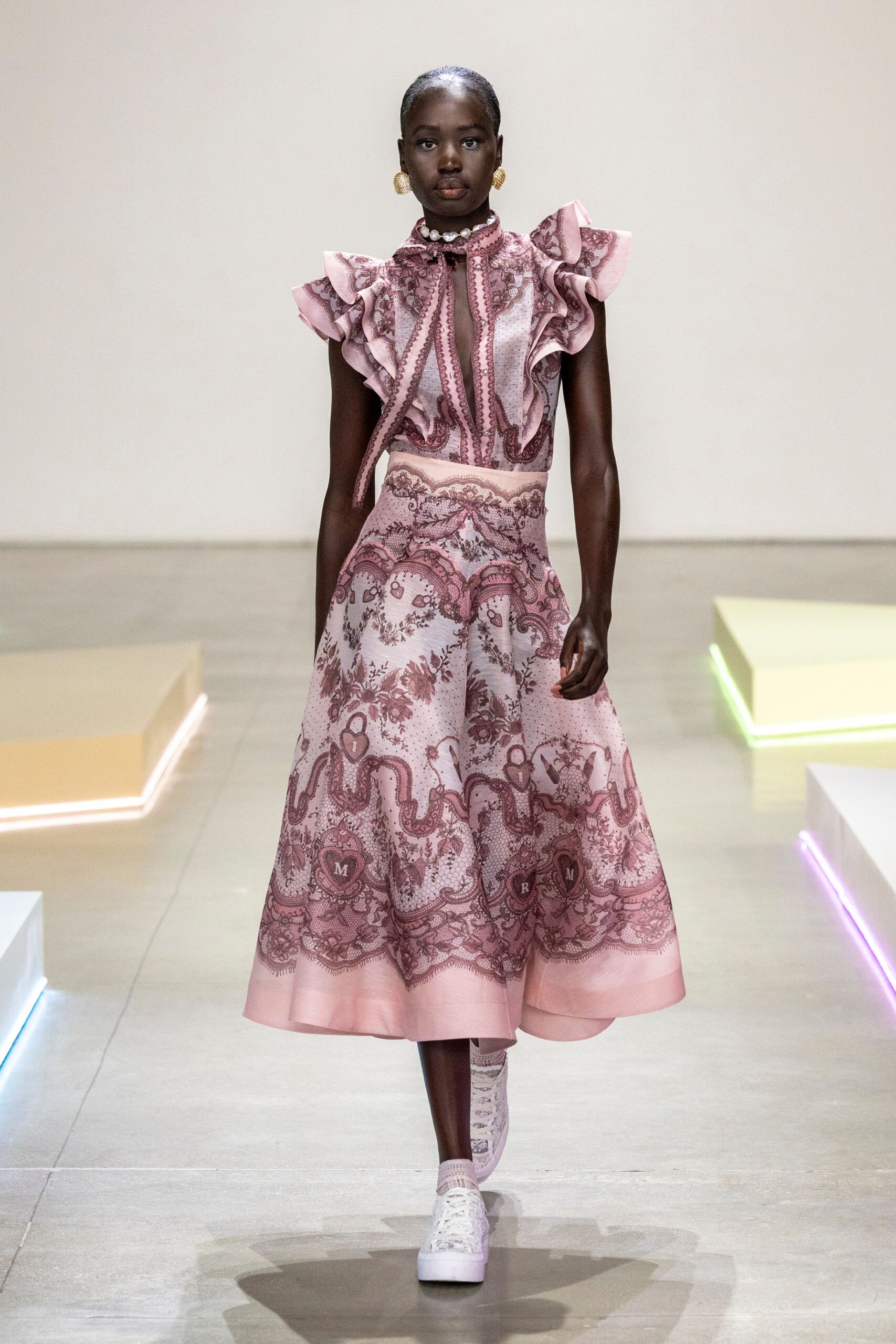 pink silk fitted pleated a-line midi skirt