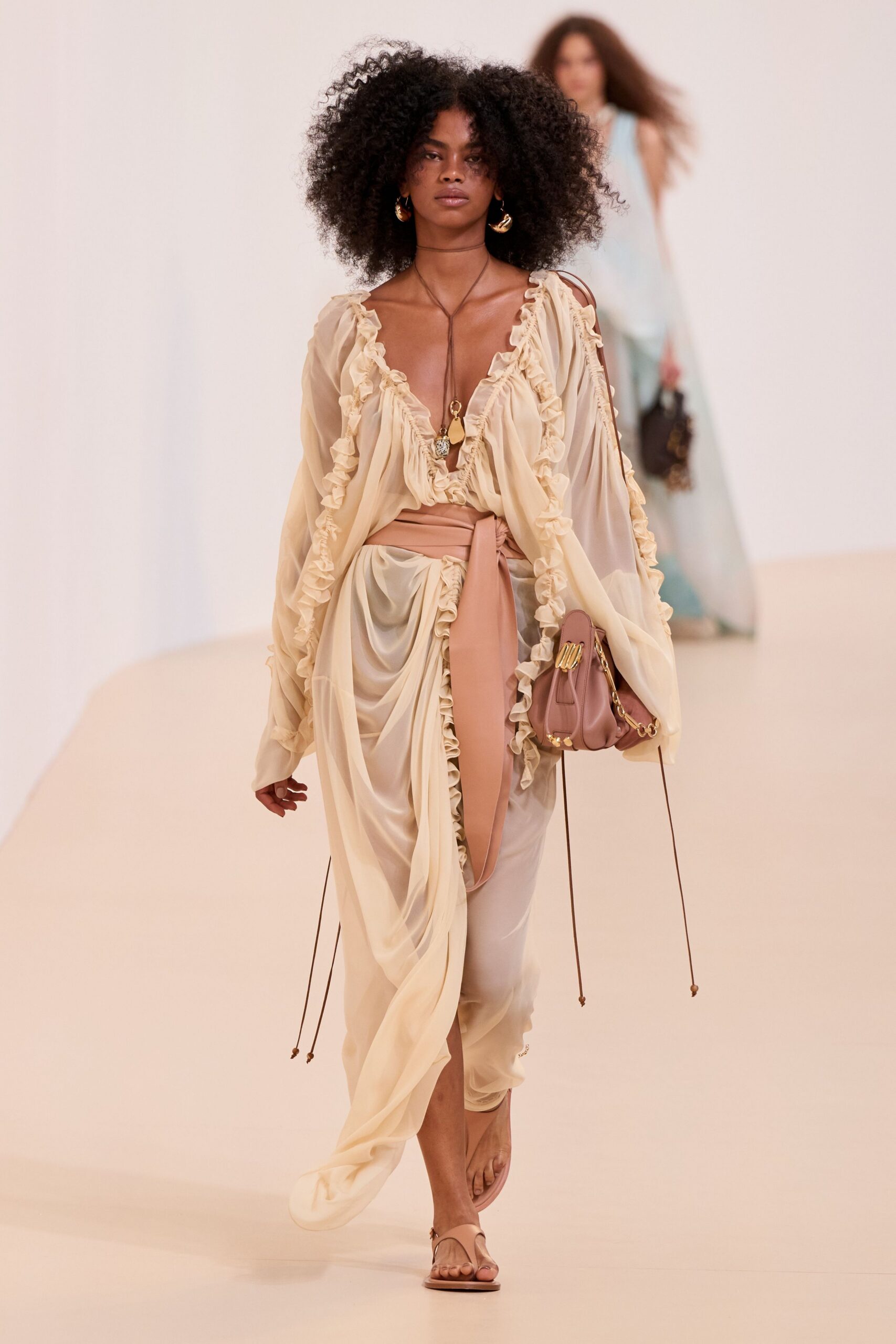 beige silk long-sleeve v-neck fitted ruffled draped dress