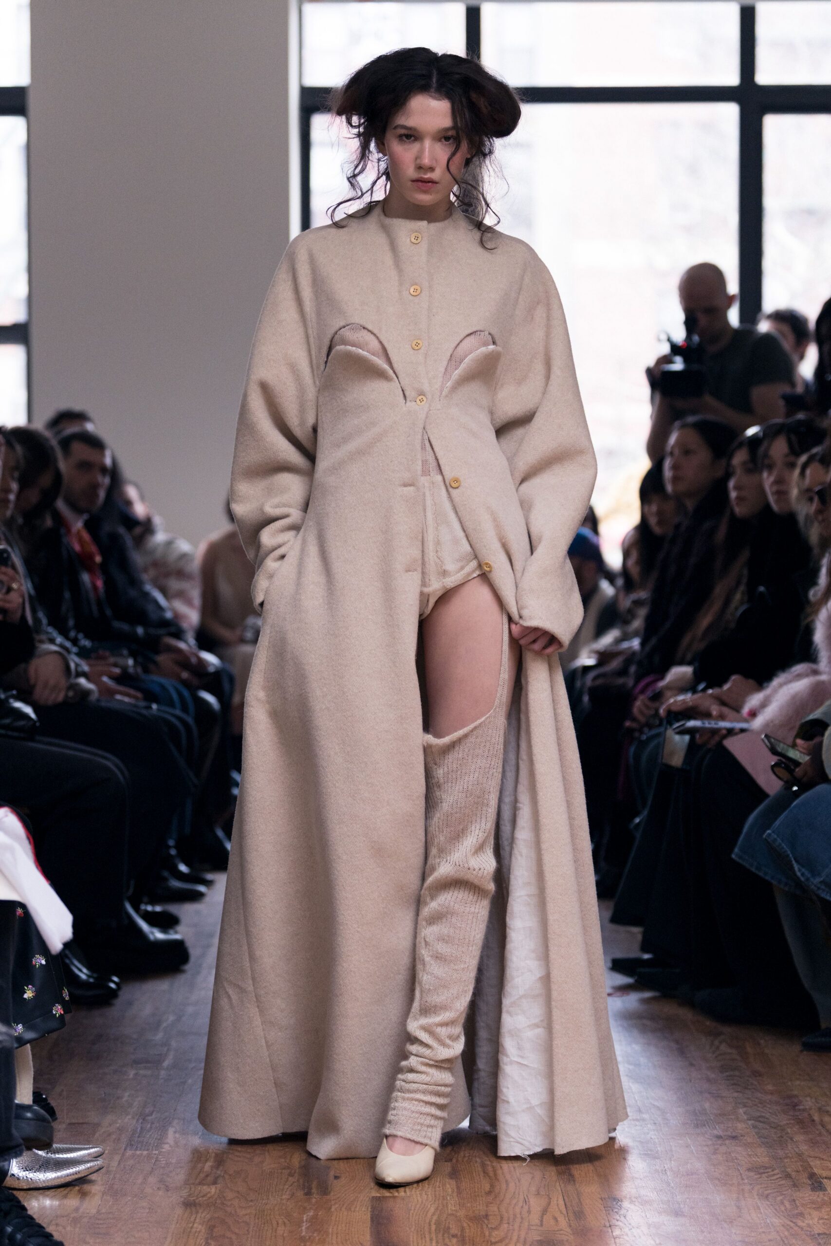 beige wool long-sleeve collared fitted buttoned maxi dress