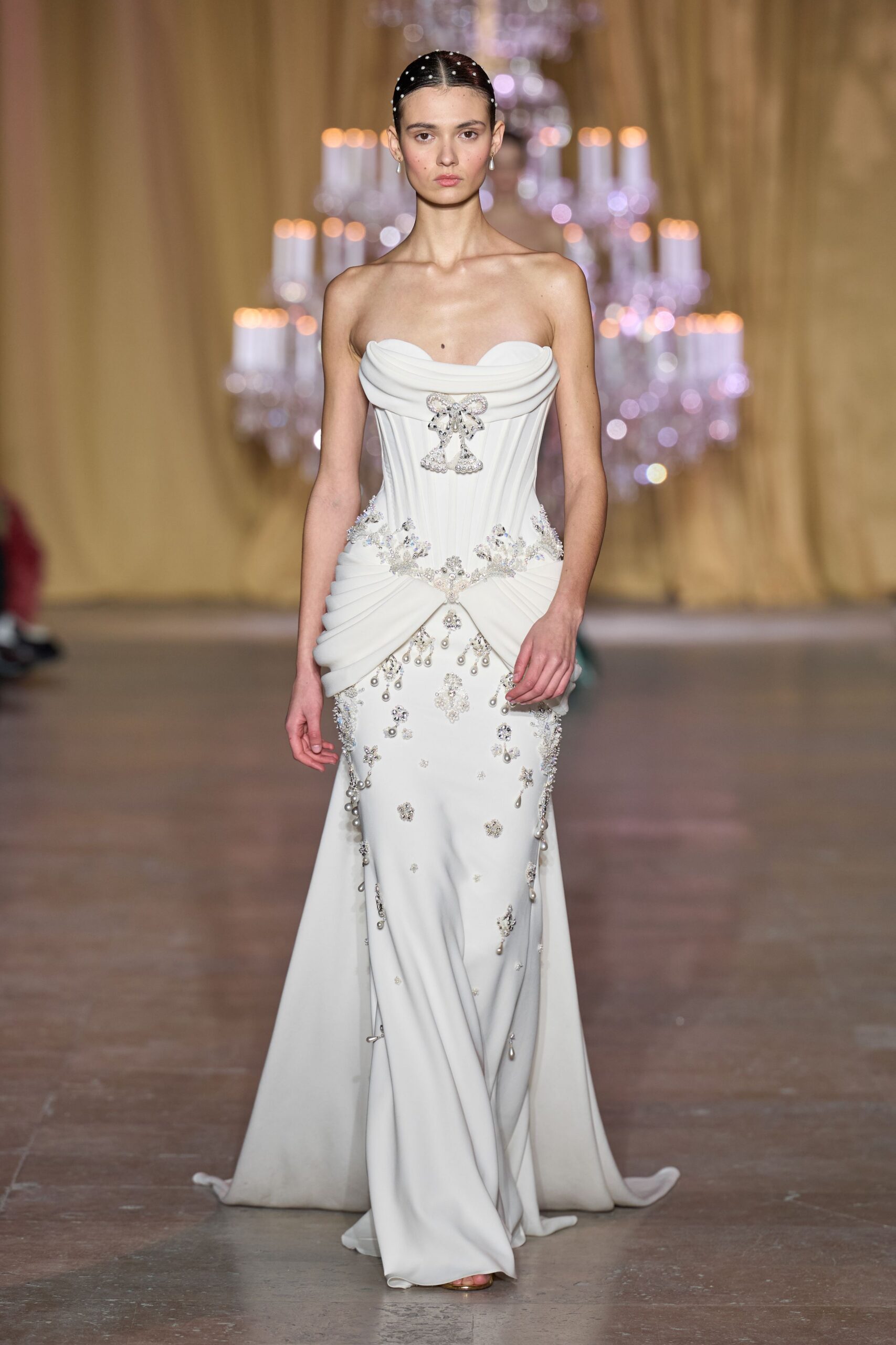 white strapless embroidered gown