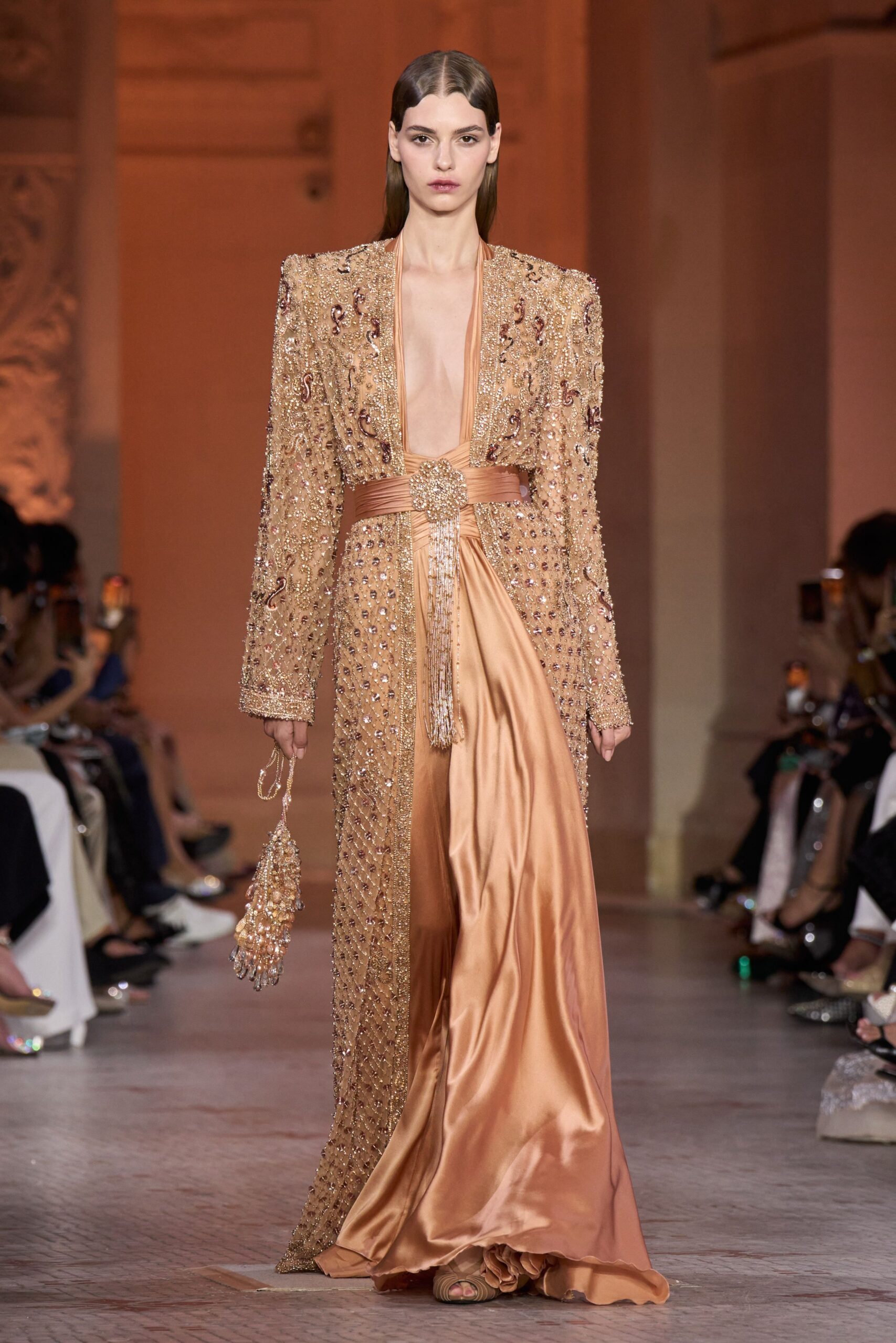 gold sequin long-sleeve v-neck fitted embroidered draped gown