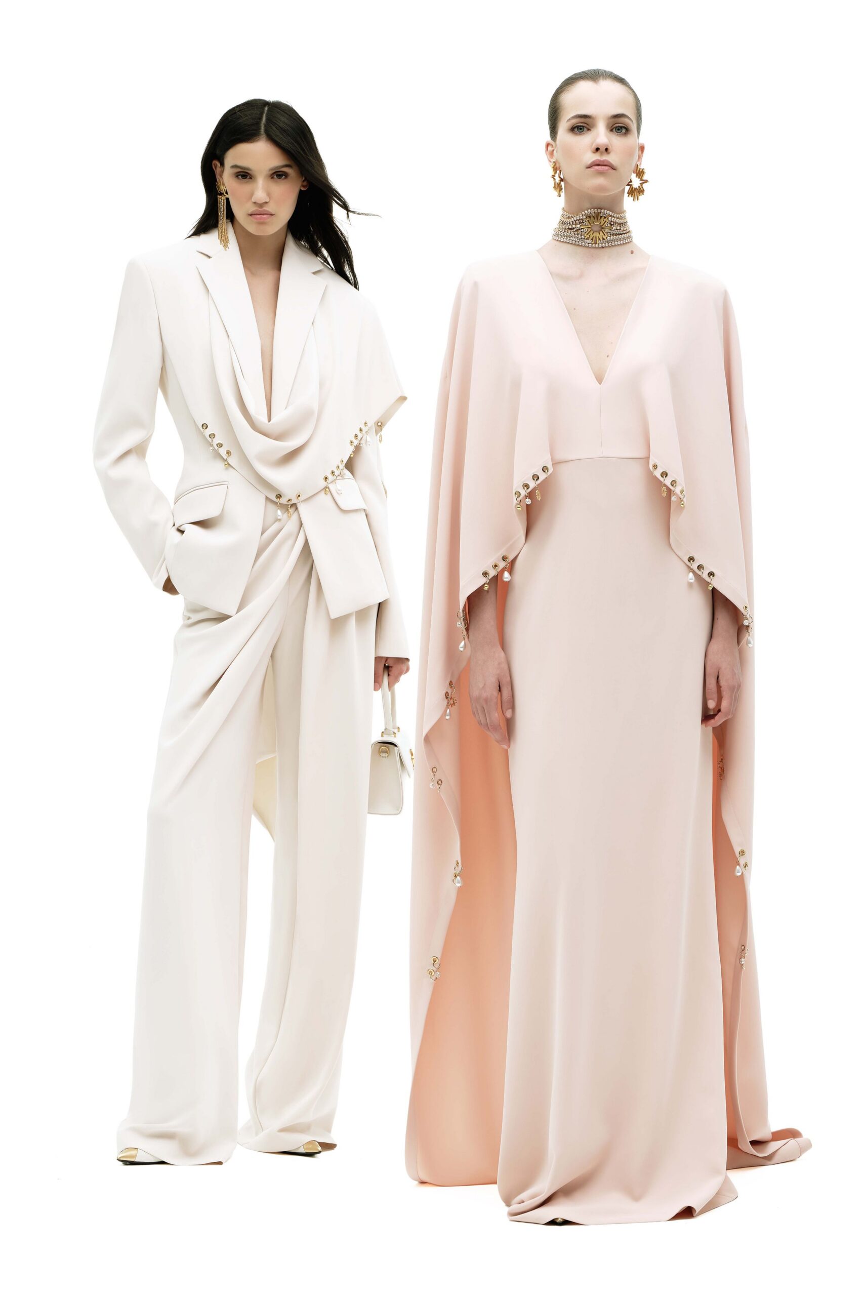 white silk long-sleeve v-neck tailored layered buttoned suit