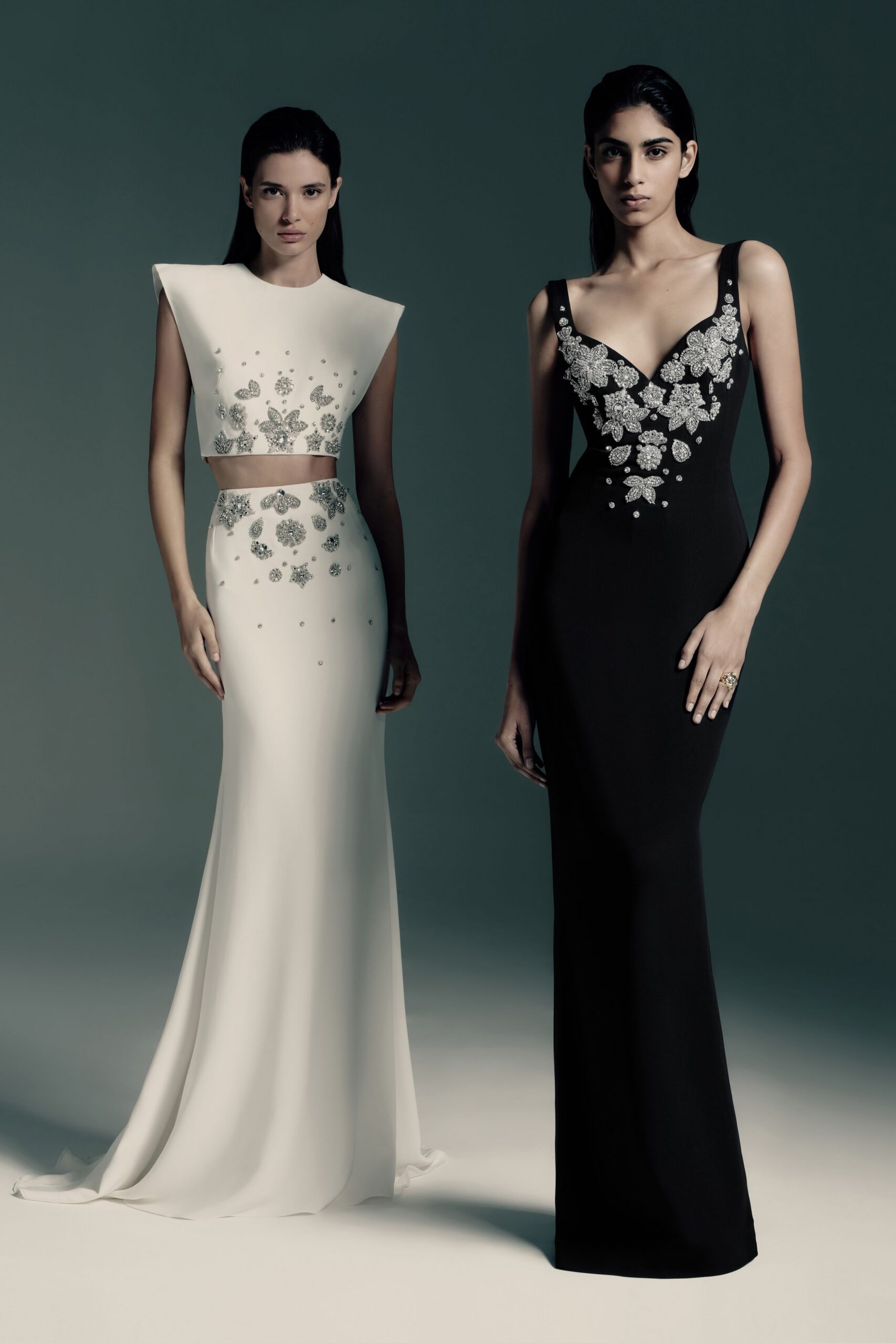 white and black embroidered gowns