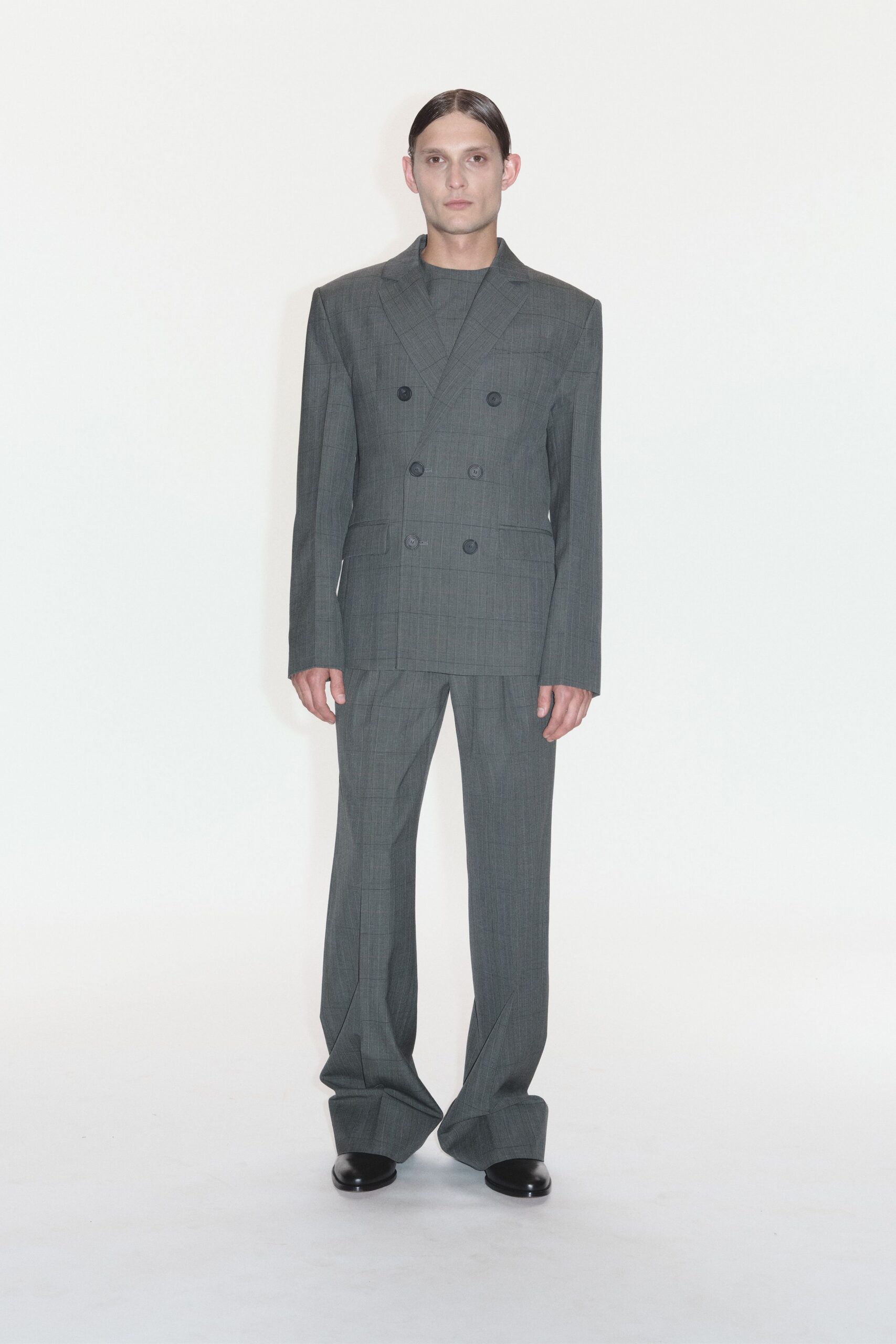 gray wool long-sleeve collared tailored buttoned pencil suit