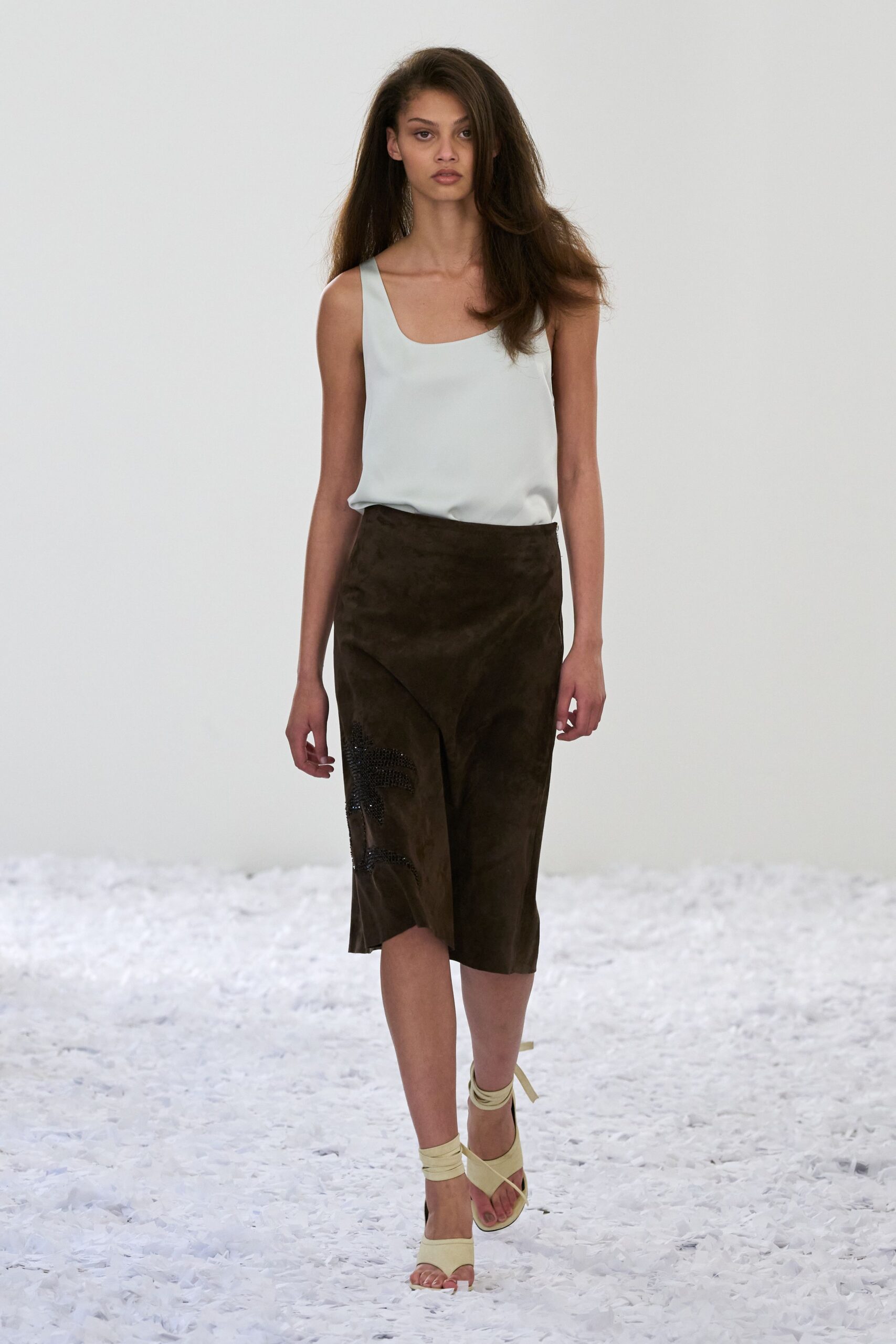 brown suede slit fitted skirt