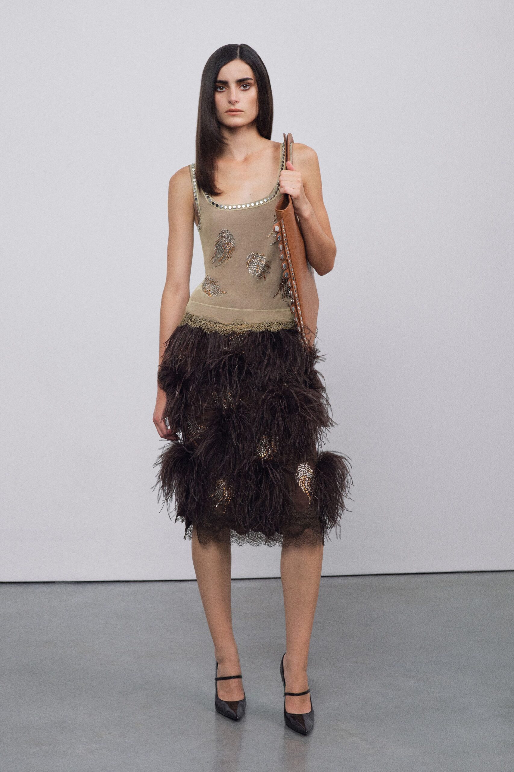 beige silk sleeveless v-neck fitted ruffled embellished dress