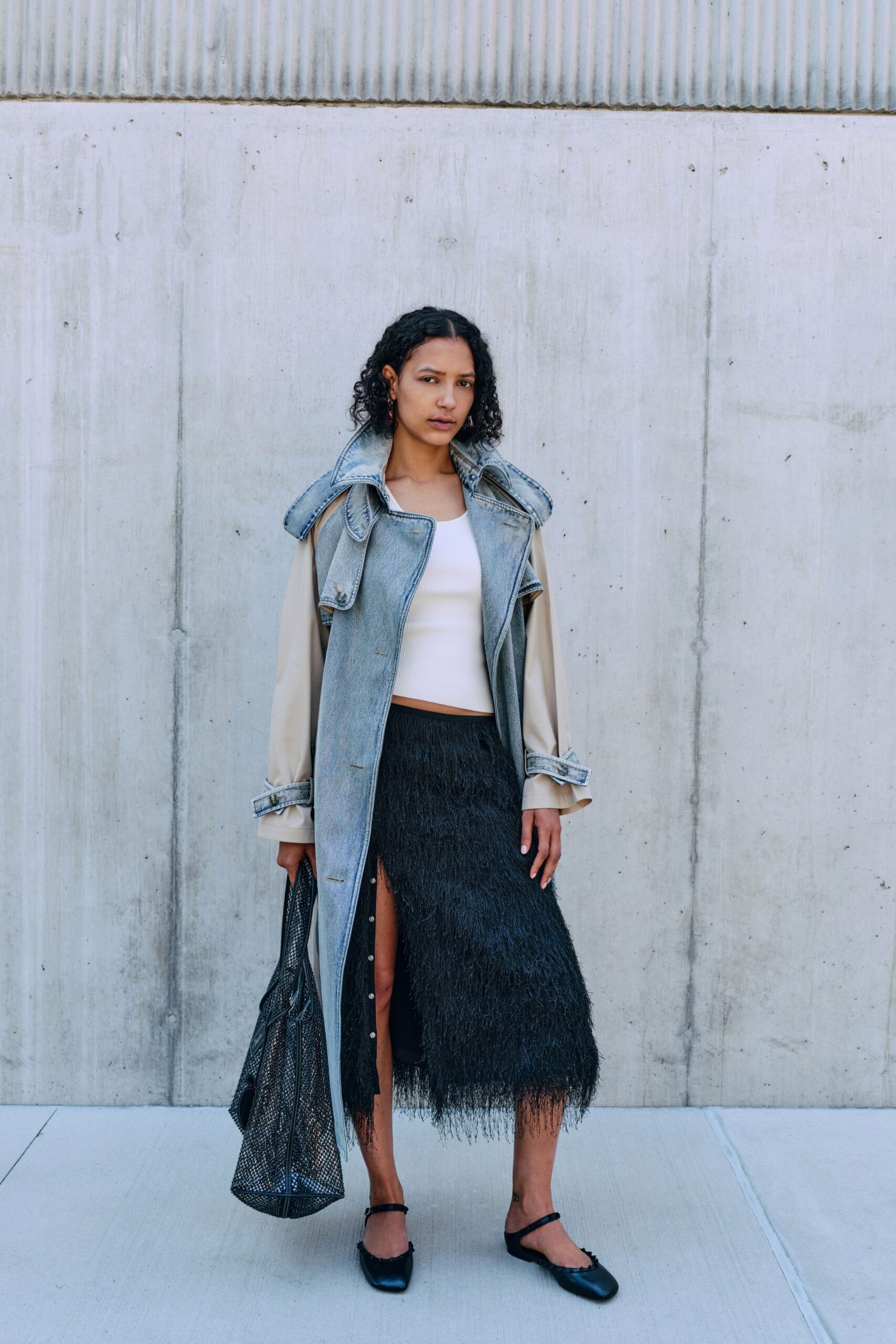 blue denim long-sleeve collared relaxed buttoned fringed coat
