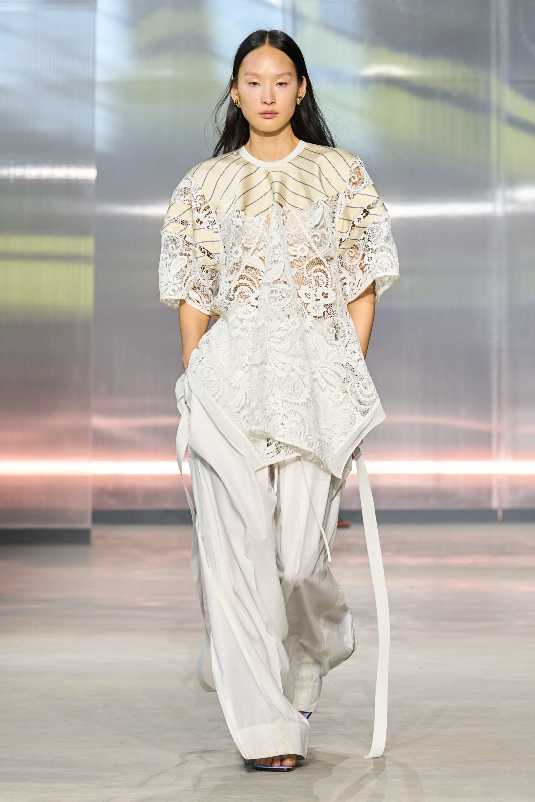 white lace short-sleeve high-neck relaxed embroidered layered top