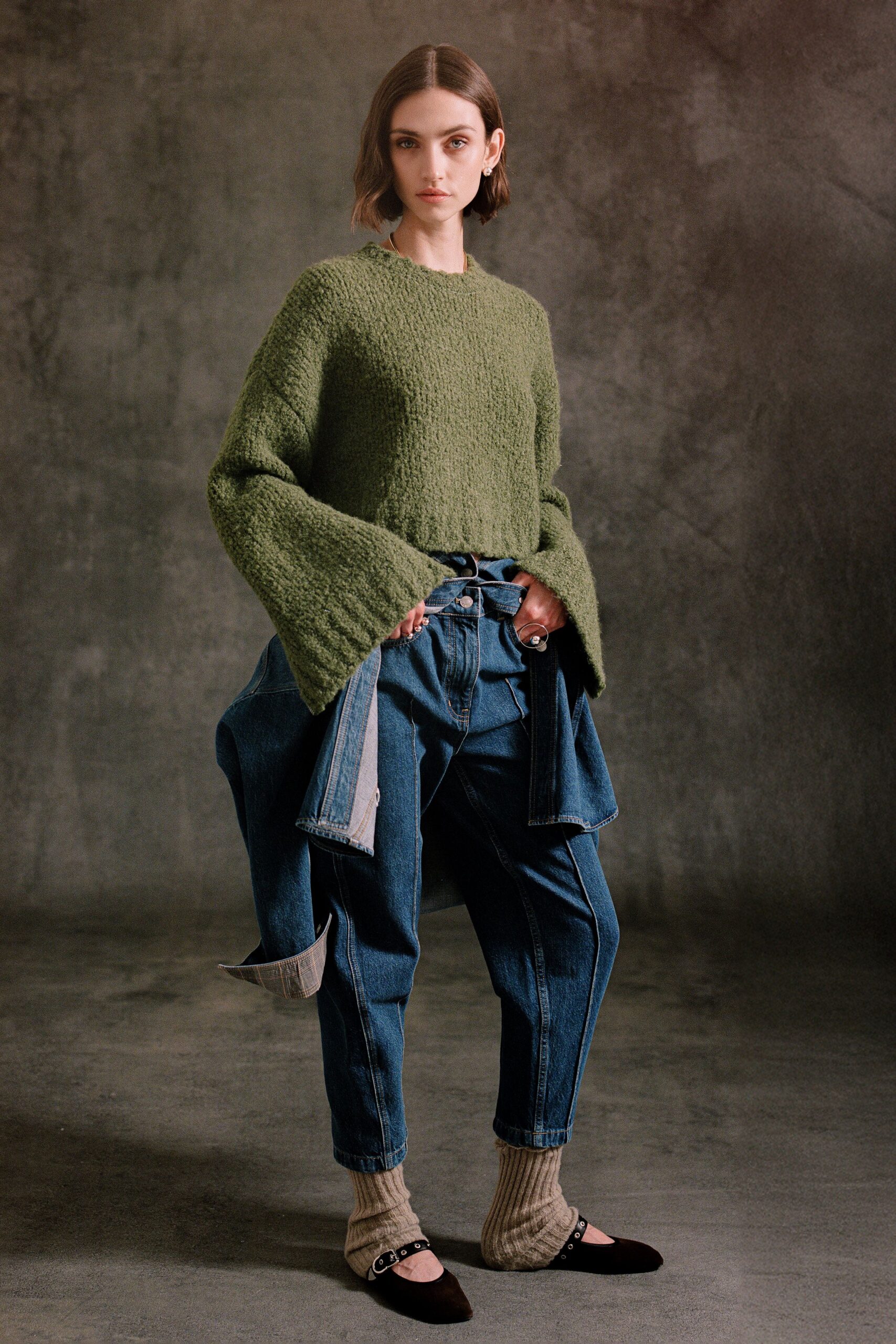 green wool long-sleeve collared relaxed textured sweater
