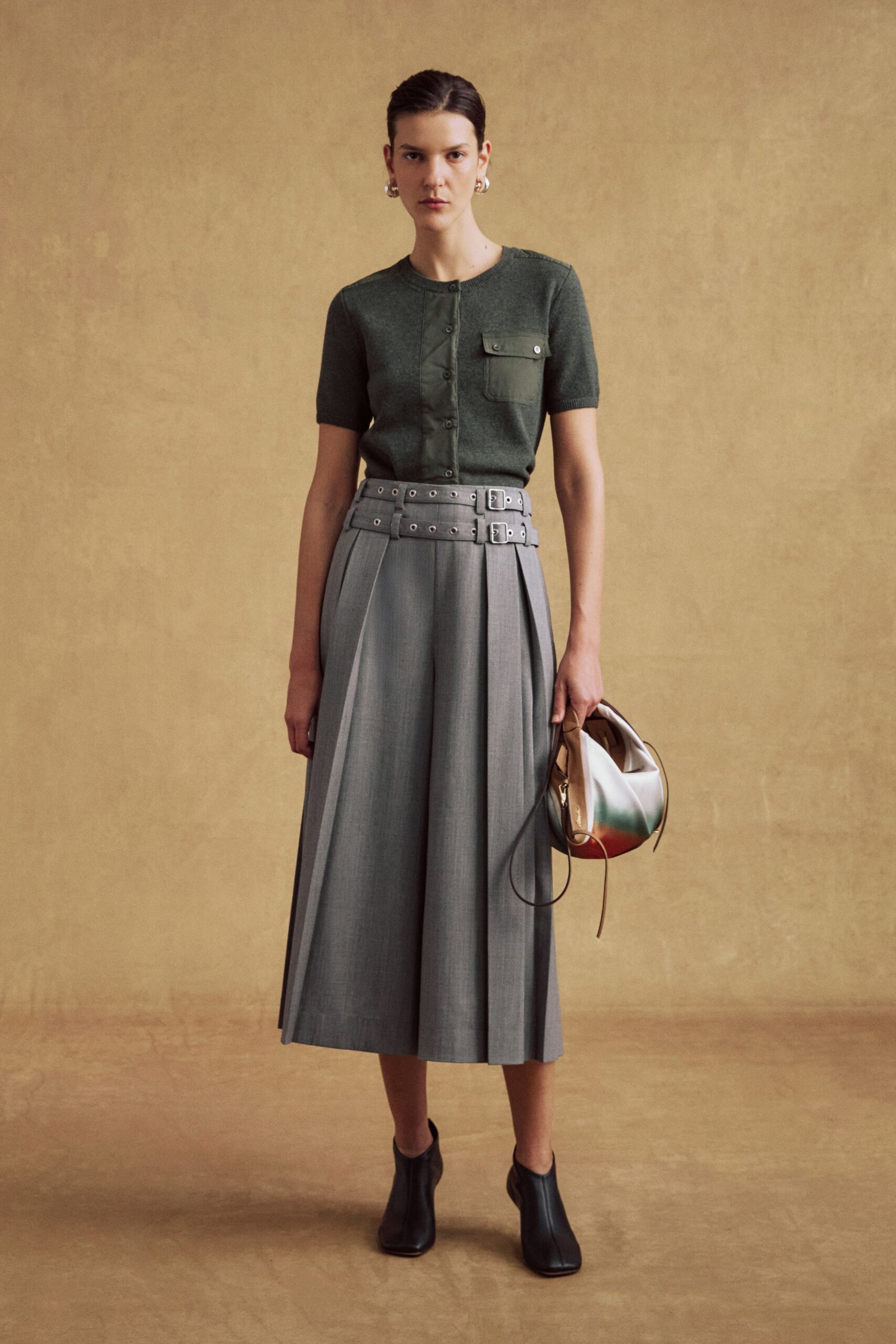 gray wool relaxed high-waisted pleated midi skirt