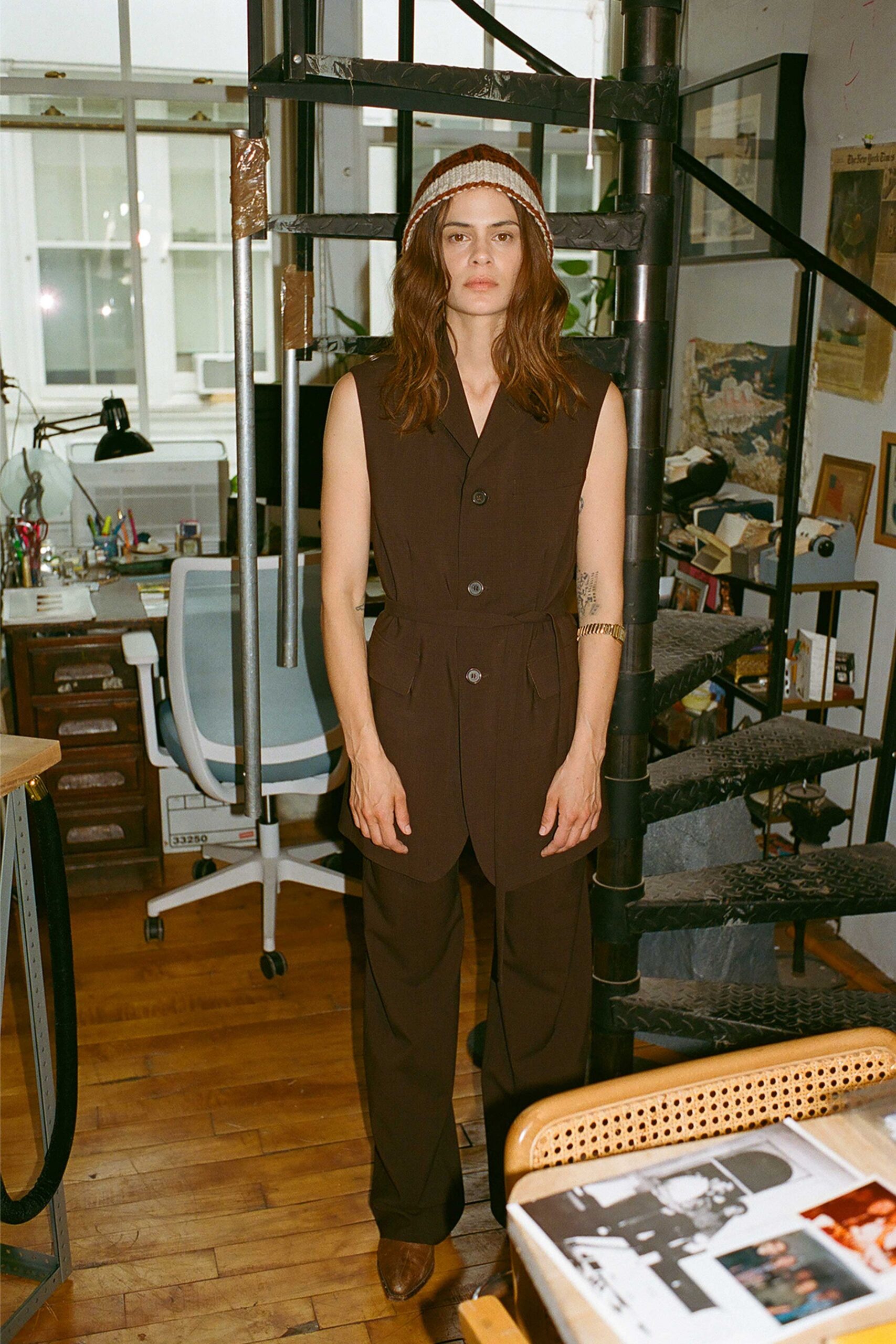 brown belted sleeveless jumpsuit