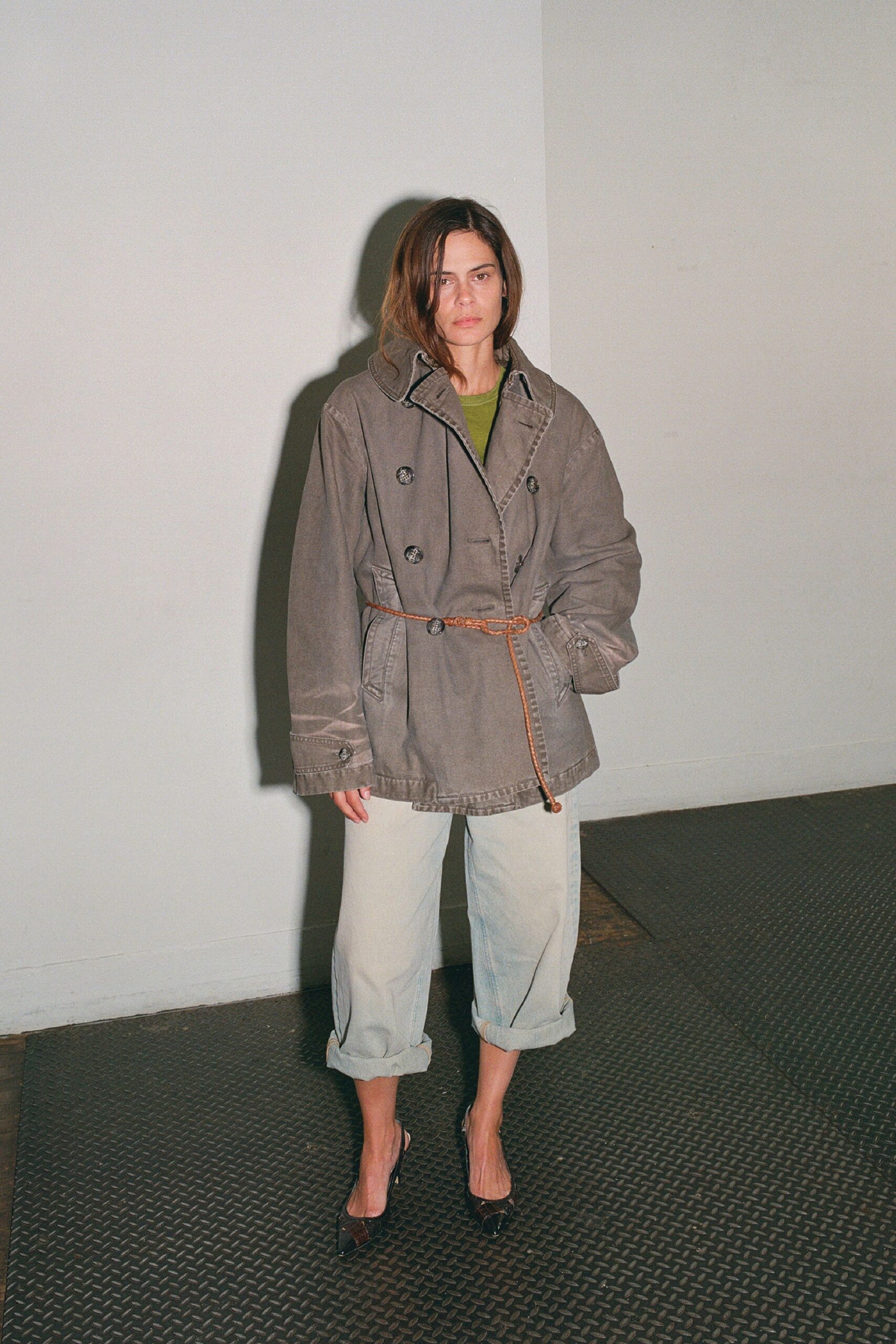 gray denim long-sleeve collared relaxed buttoned belted jacket