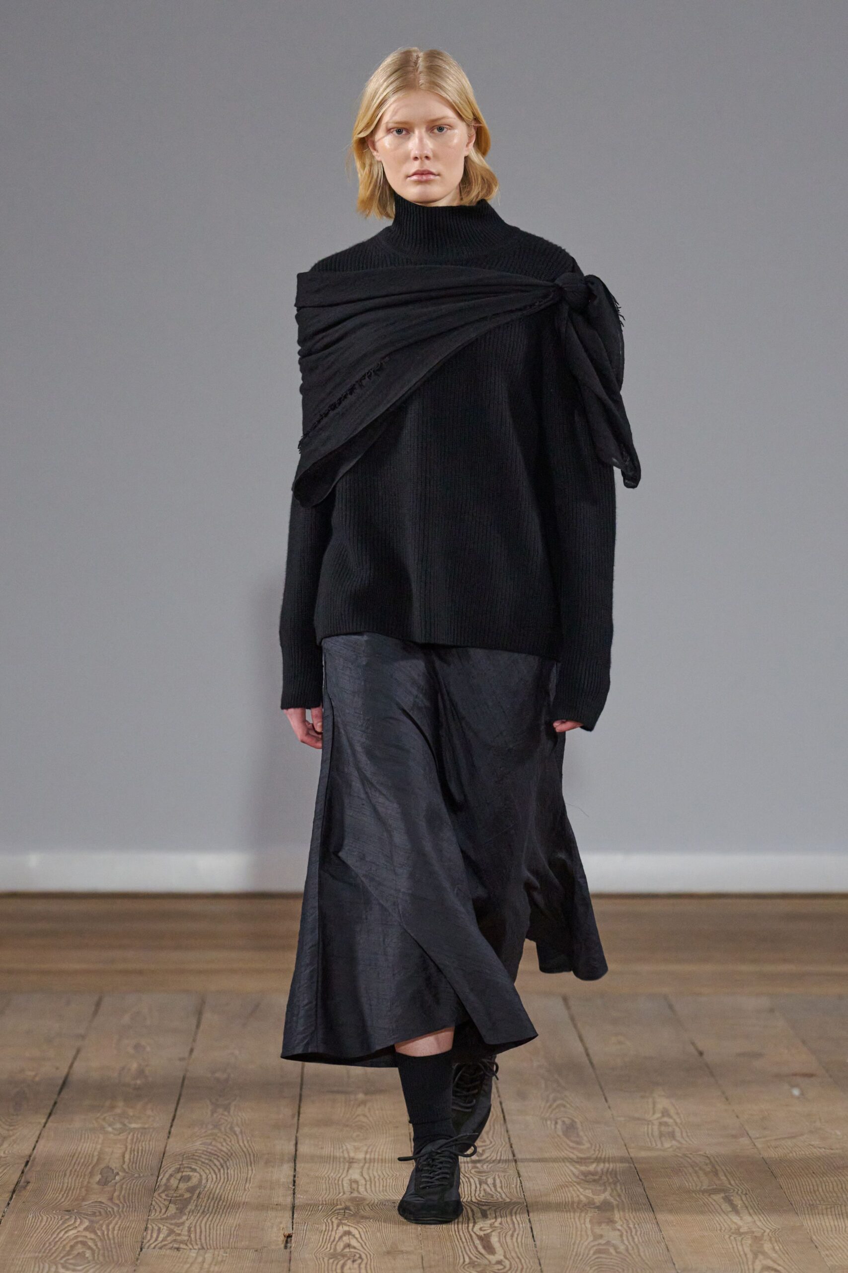 black silk asymmetric fitted flared midi skirt