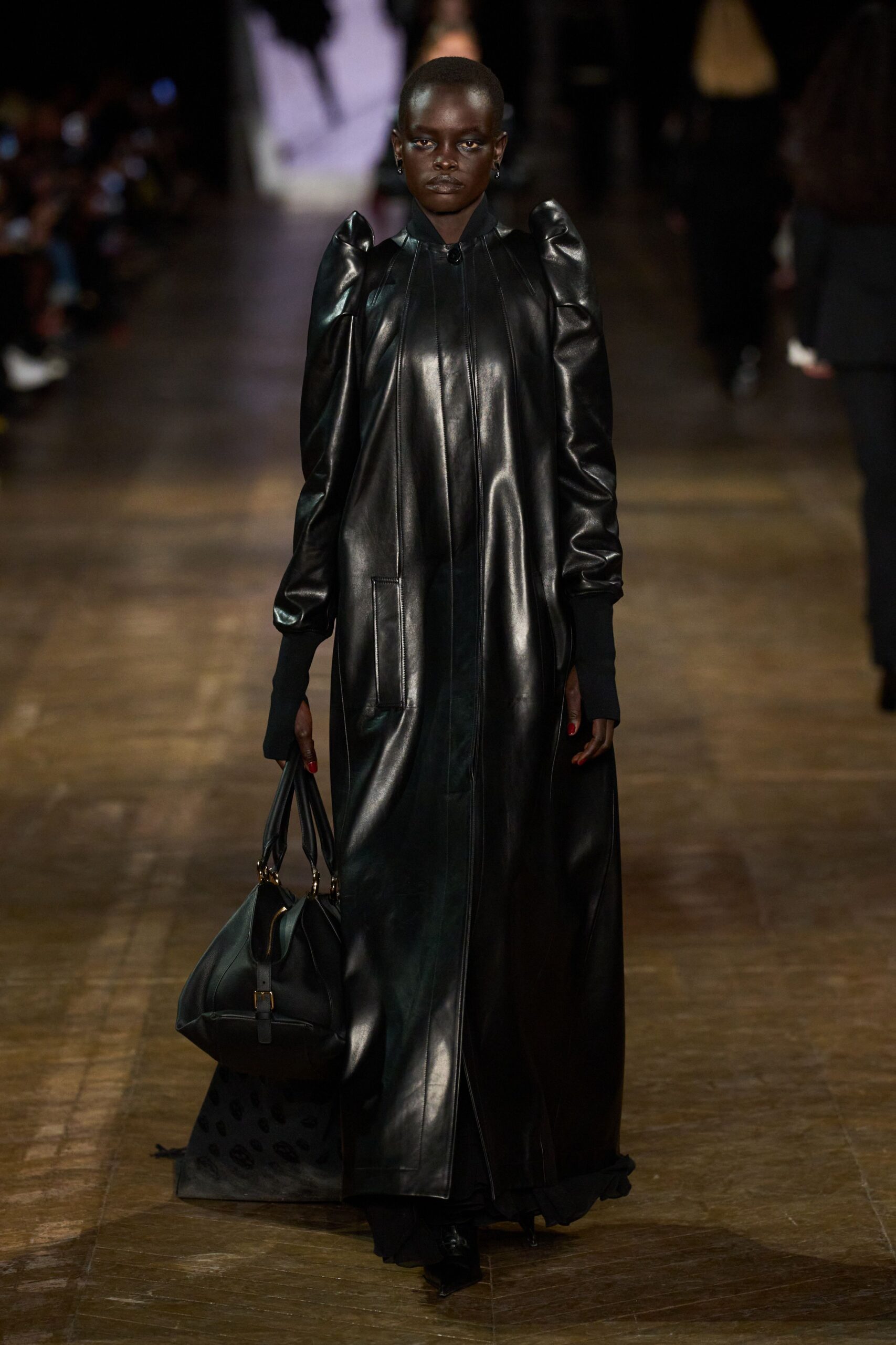 black leather long-sleeve collared fitted pleated maxi dress