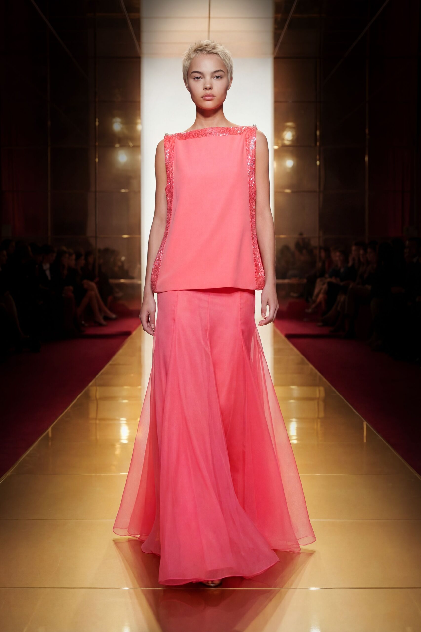 pink silk sleeveless high-neck fitted beaded top