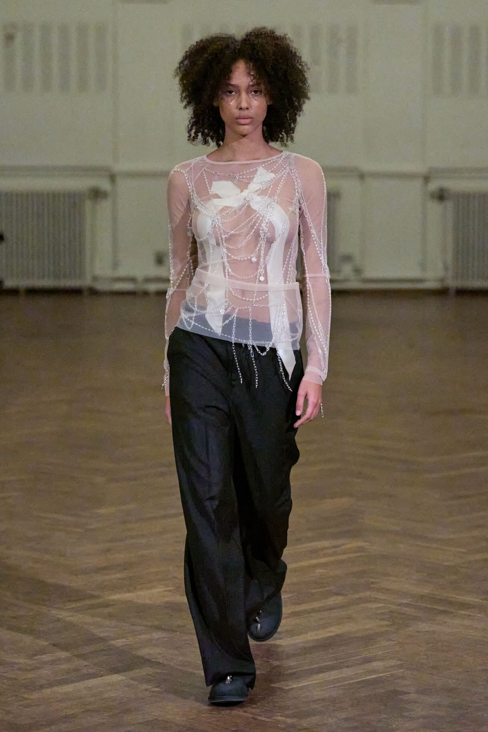 white silk long-sleeve v-neck fitted embroidered top