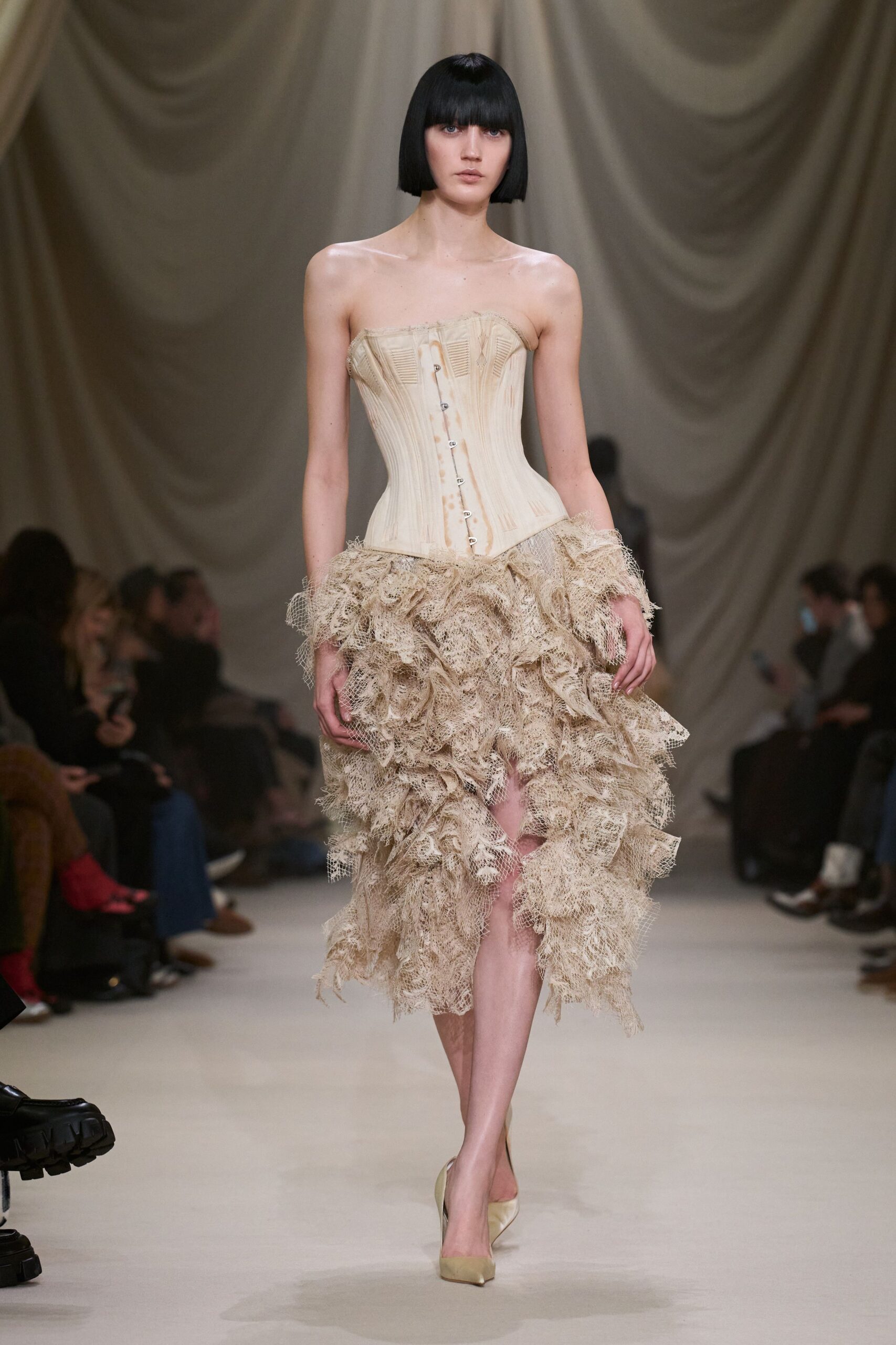 beige silk strapless fitted ruffled midi dress