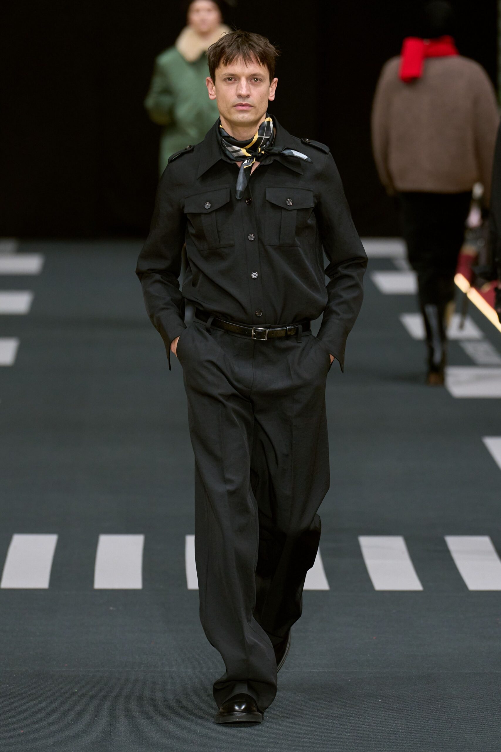black fitted shirt with relaxed pants