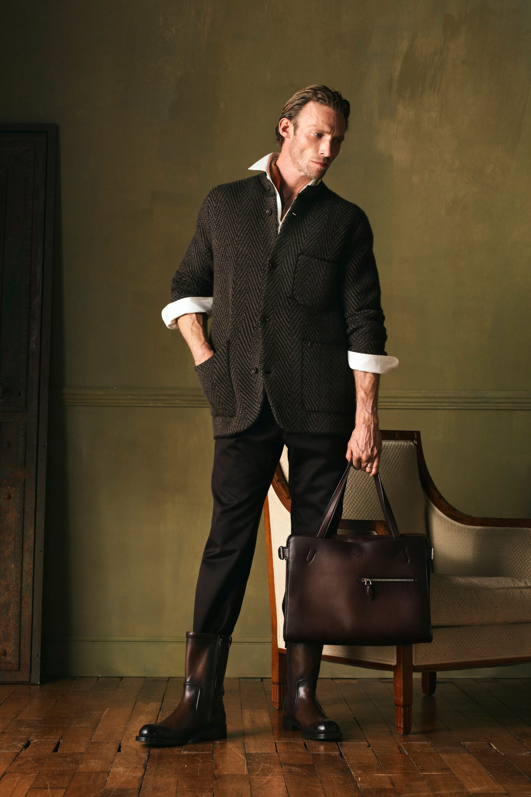 brown wool long-sleeve collared relaxed textured jacket
