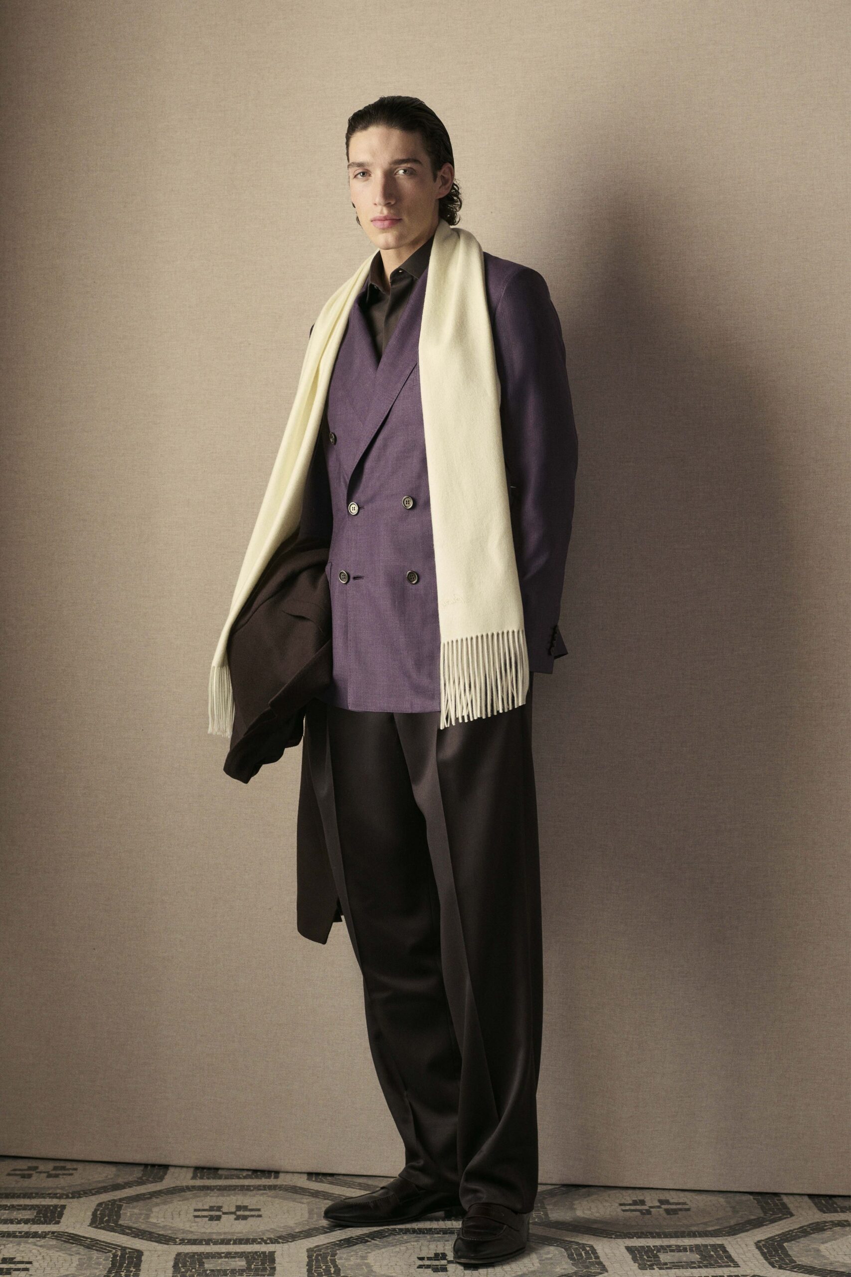 purple tailored blazer with scarf